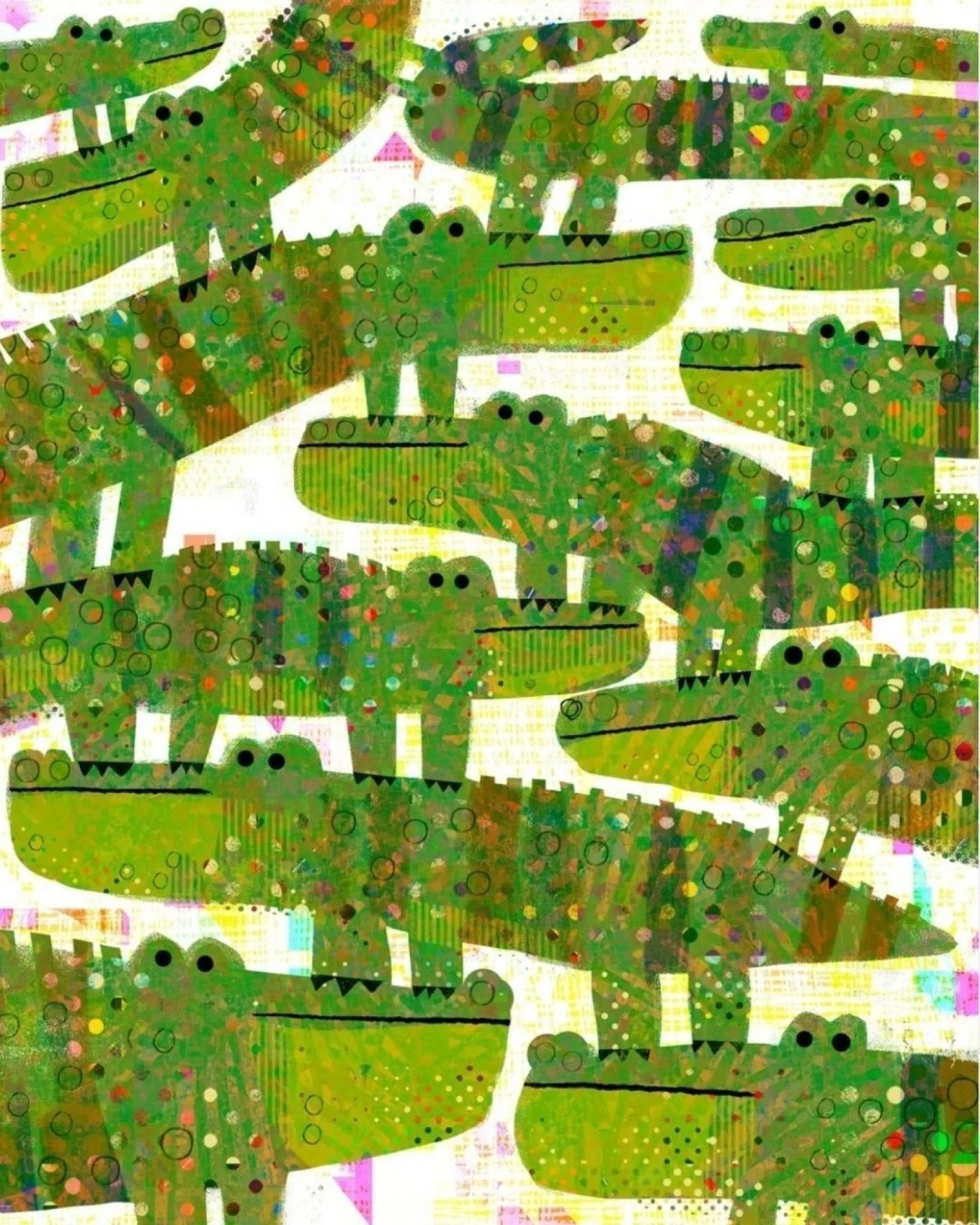 We love @garethlucasart&rsquo;s pattern of alligators. The artist overlaps circles, stripes, and triangles to add texture to the piece. We especially love the colorful shapes against the white background, as they give off a glitchy computer effect. 
