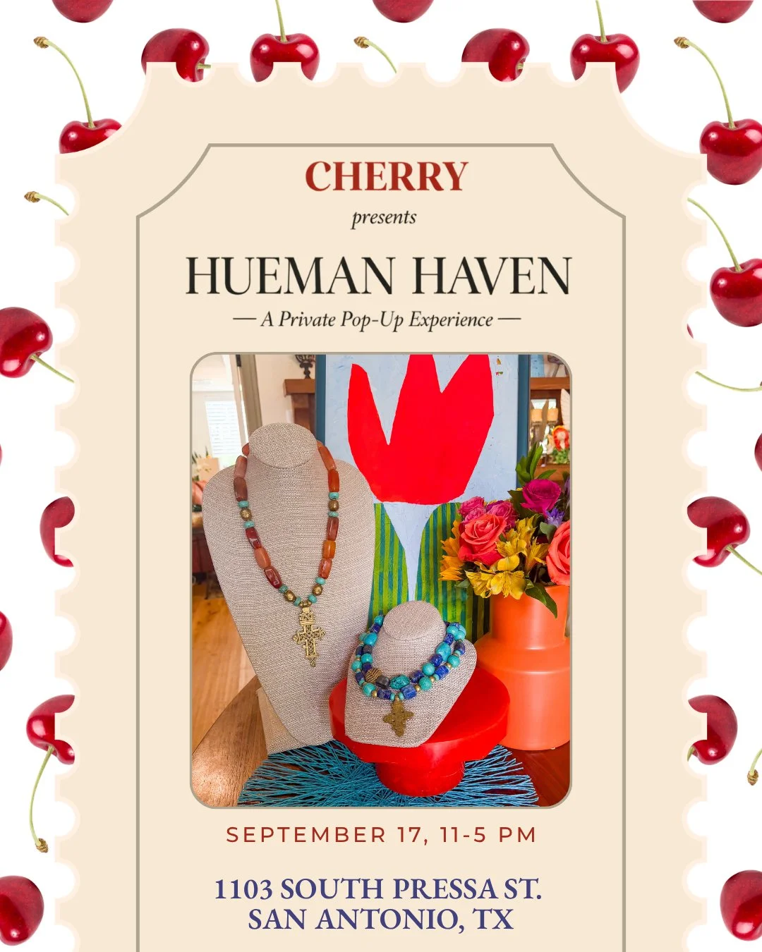 *THE POP-UP DATE HAS BEEN CHANGED; IT IS ONLY ON SEPTEMBER 17TH NOW

Cherry San Antonio x Hueman Haven is happening soon! Come visit our pop-up market on September 17 from 11 am-5 pm and shop Vermilion in person! We'd love to see you and connect with