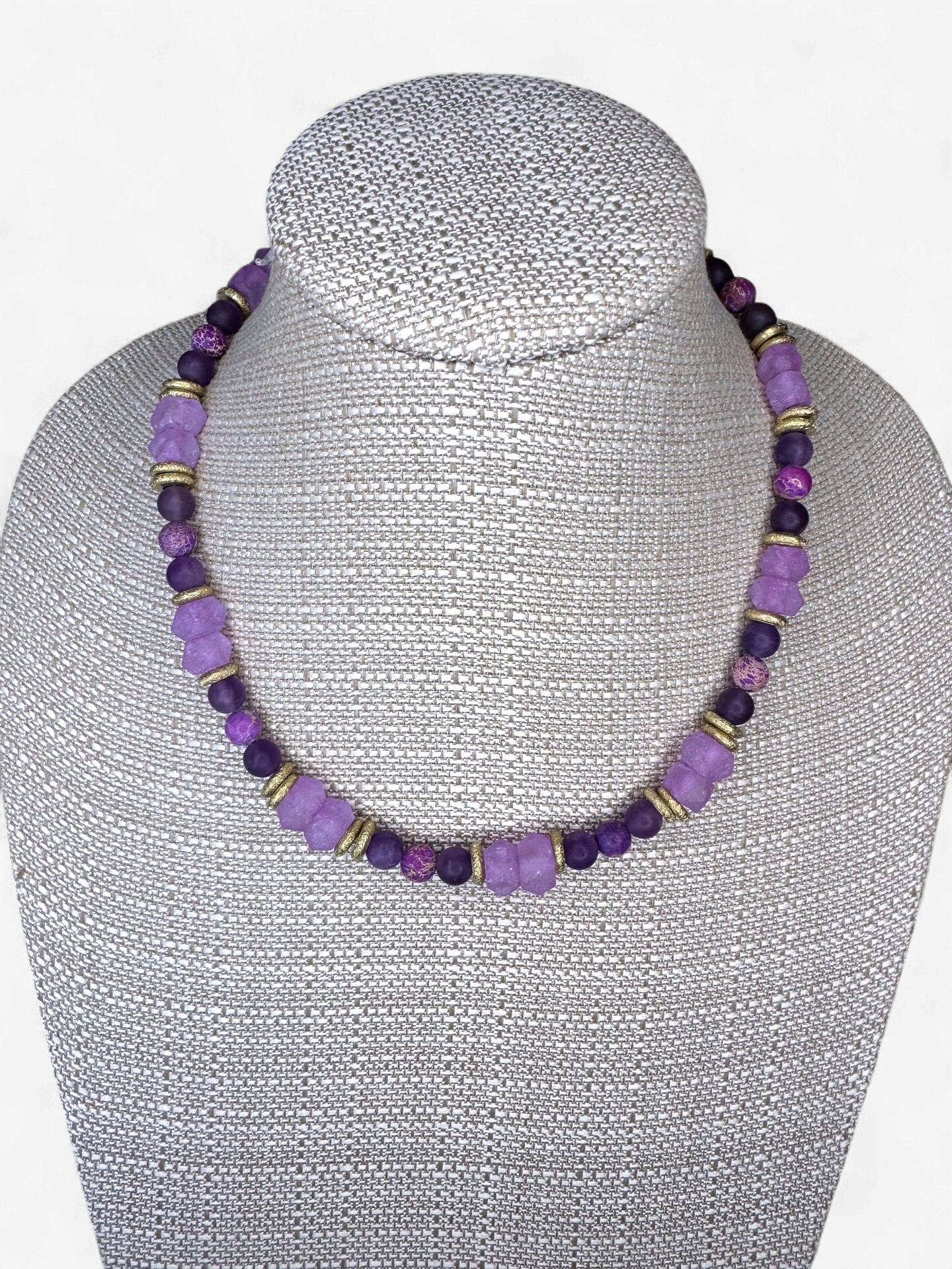 Amethyst, Sea Glass and Brass Bead Necklace