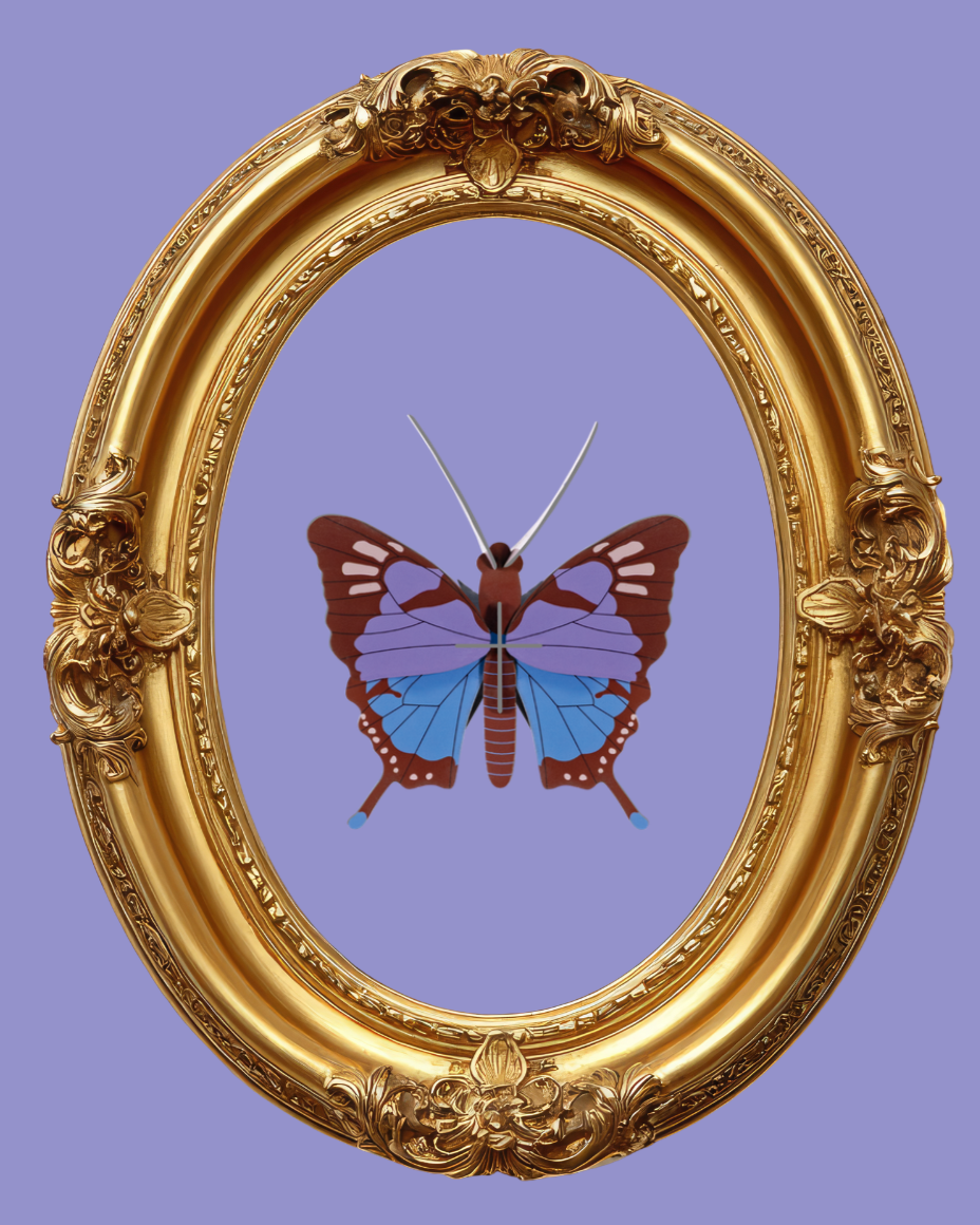 Gold ornate picture frame with butterfly-shaped clock in center, set against a purple background.