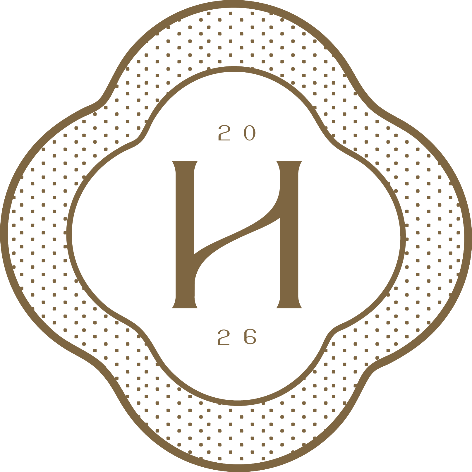 Hueman Honey brand icon. Close-up of a badge with the text 'H' and the numbers 20 and 26, surrounded by a decorative dotted border.