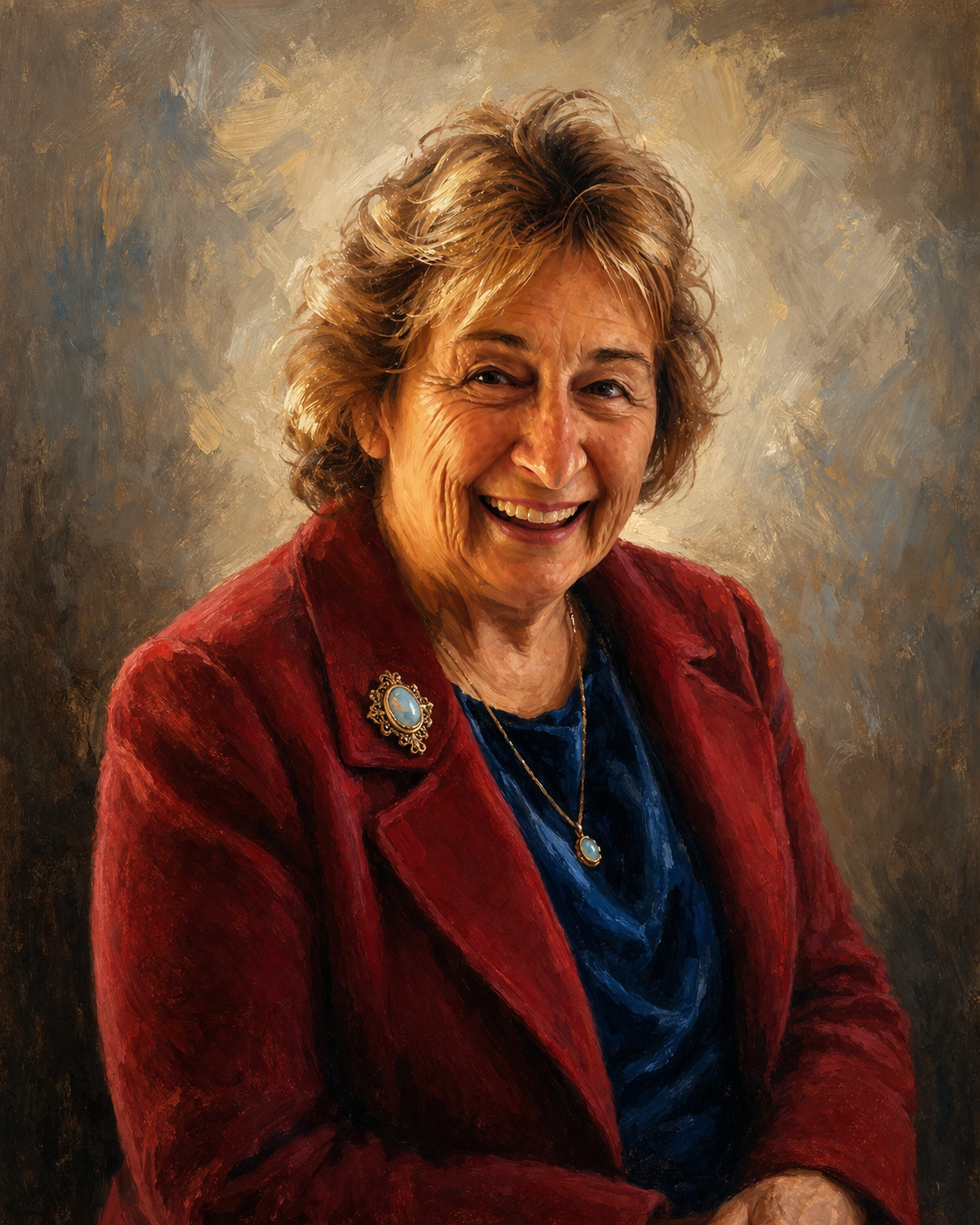 Australian artist and philanthropist Lorraine Saltmarsh smiling warmly while seated against a softly textured background. She wears a deep red blazer over a dark blue blouse, with an opal brooch and necklace.
