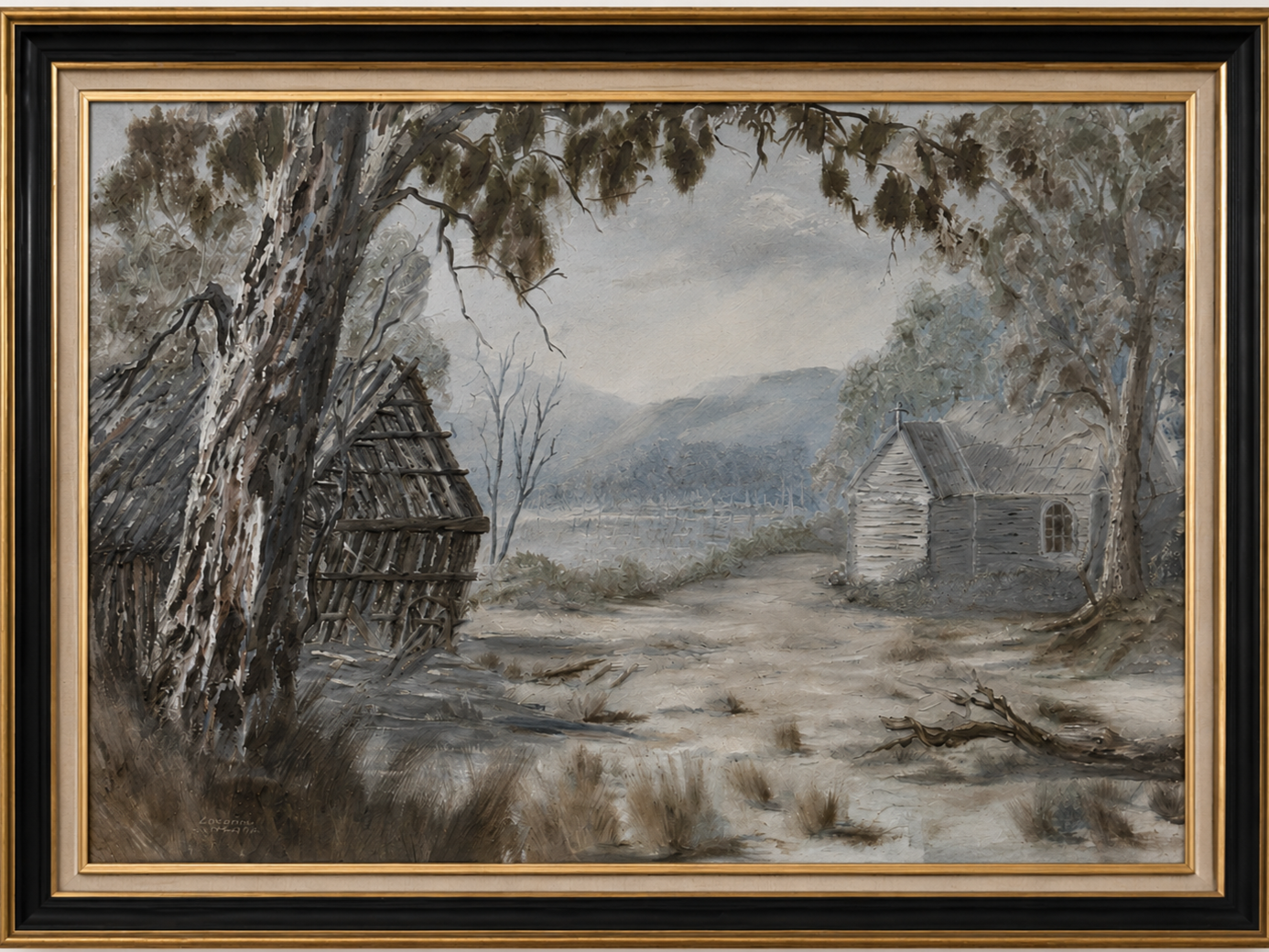 A weathered timber structure and small cottage overlook a misty valley and distant hills, painted in subdued grey and earthy tones that create a quiet, reflective mood.