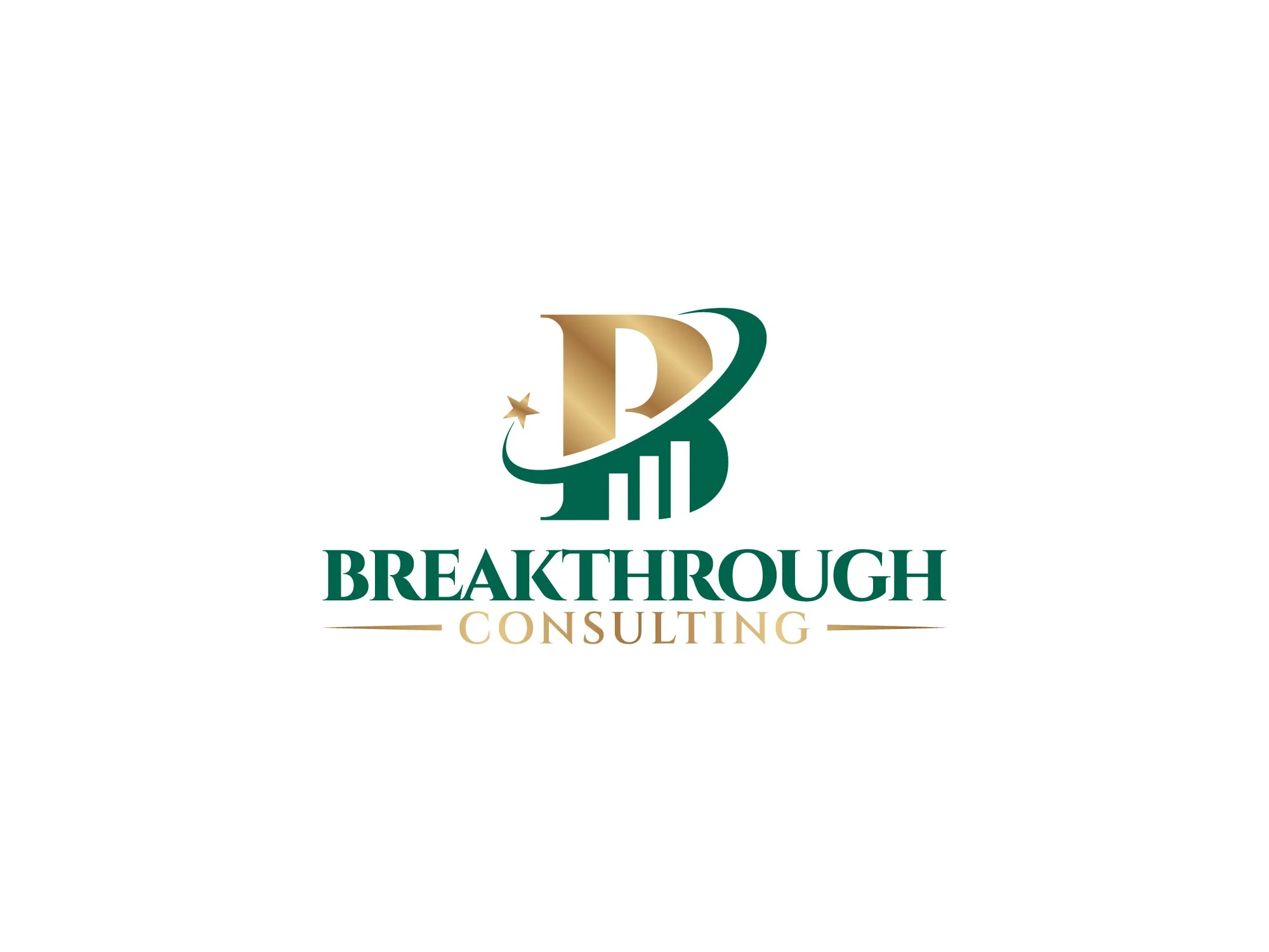 Breakthrough Consulting logo with a stylized letter B and a star in green and gold colors.