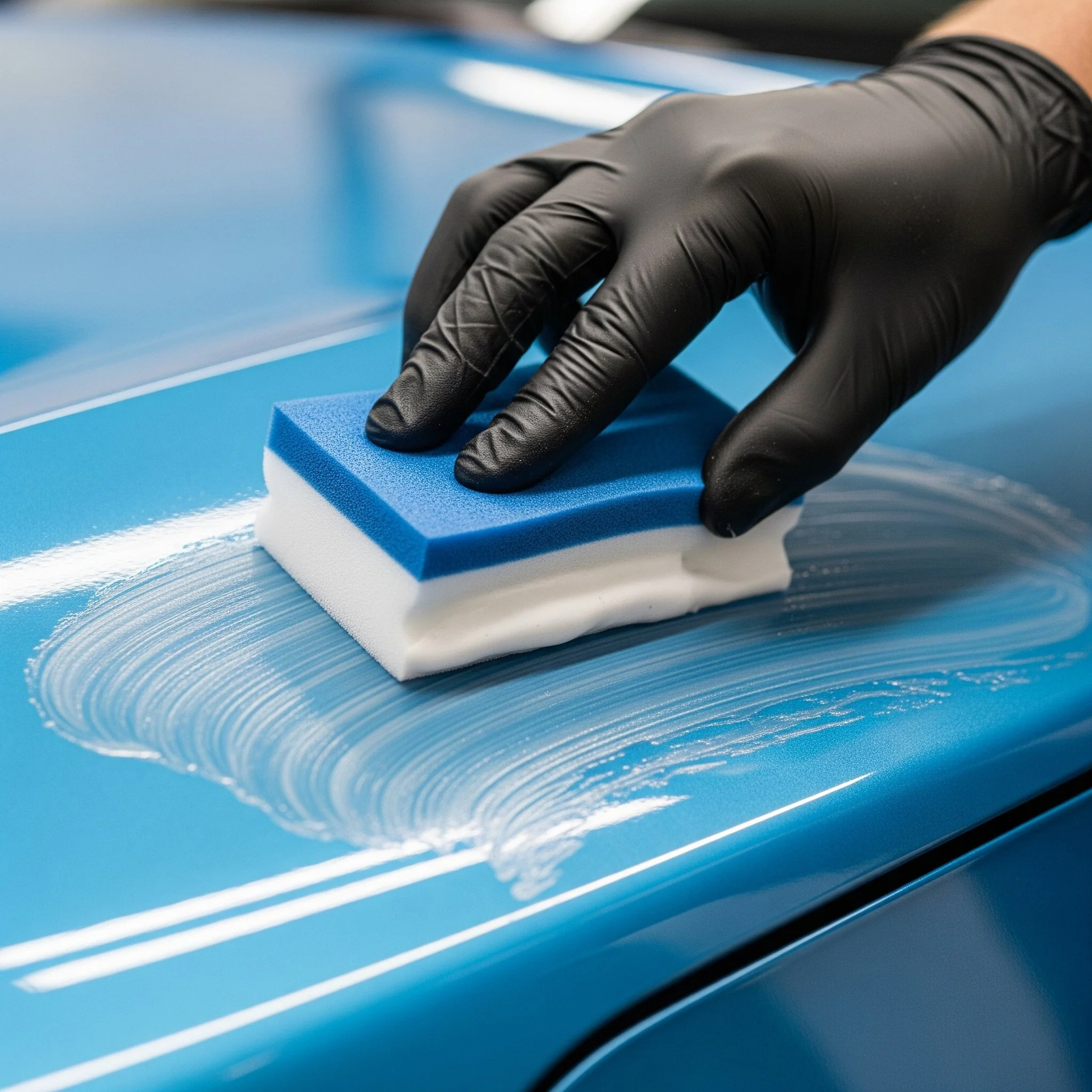 A person wearing black gloves is using a sponge to apply wax or polish on a blue car's surface.
