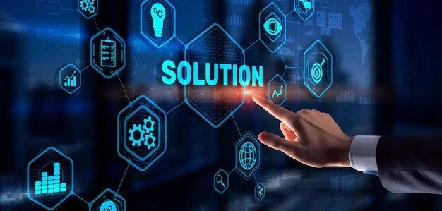 Hand pointing at the word 'solution' on a digital interface with blue hexagonal icons representing technology and analytics.