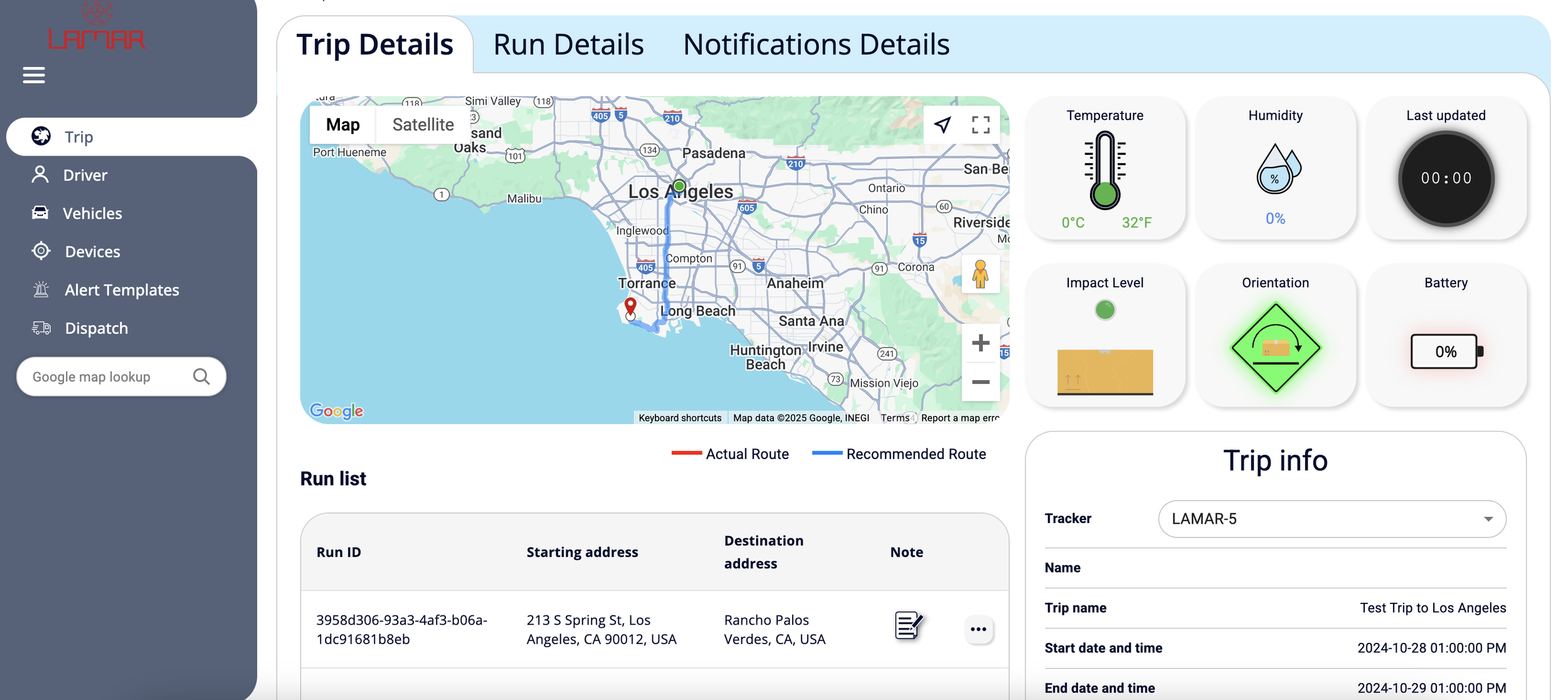 Dashboard interface displaying trip details including a map of Los Angeles, temperature, humidity, battery level, and trip information. Features options for Trip, Driver, Vehicles, Devices, Alert Templates, and Dispatch. Shows the actual and recommended routes from Los Angeles to Rancho Palos Verdes.