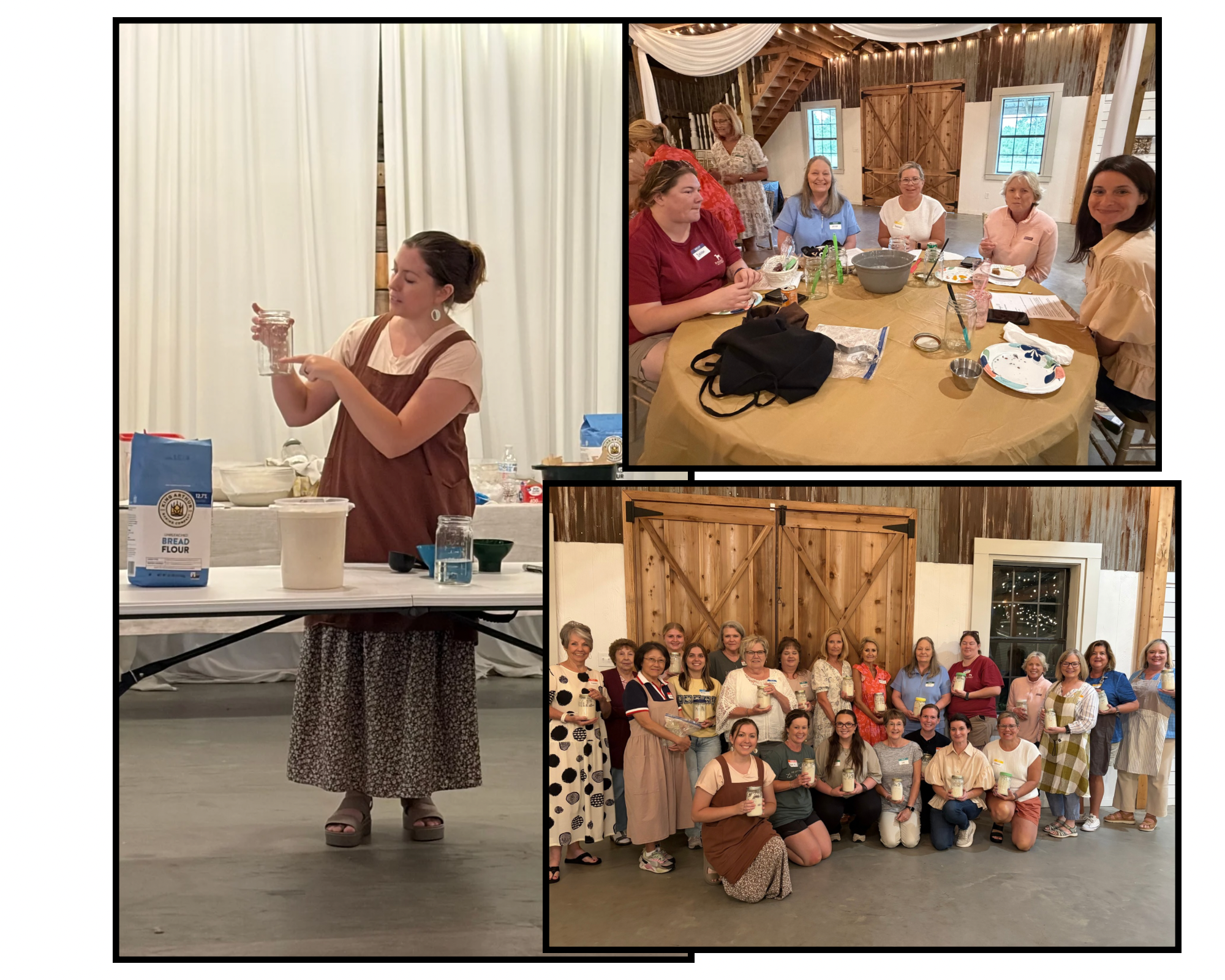 A collage of four photos taken at a gathering held in a rustic venue. The top left image shows a woman in a patterned skirt and beige top, with her eyes closed, holding a glass jar. The top right image features a group of women sitting around a wooden table, smiling, with some holding drinks, in a barn-like setting with wooden walls and string lights. The bottom left image displays a group of women posing with drinks in front of a wooden barn door, in front of a window with white curtains.