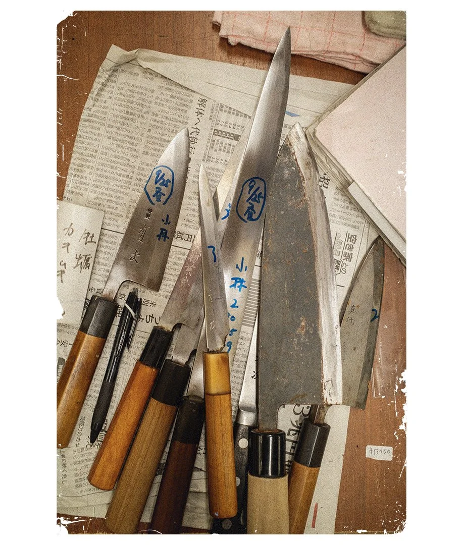 Knife sharpening at Tsukiji fish market Tokyo — Ukiyo Gallery Tee by FYCOS Studio