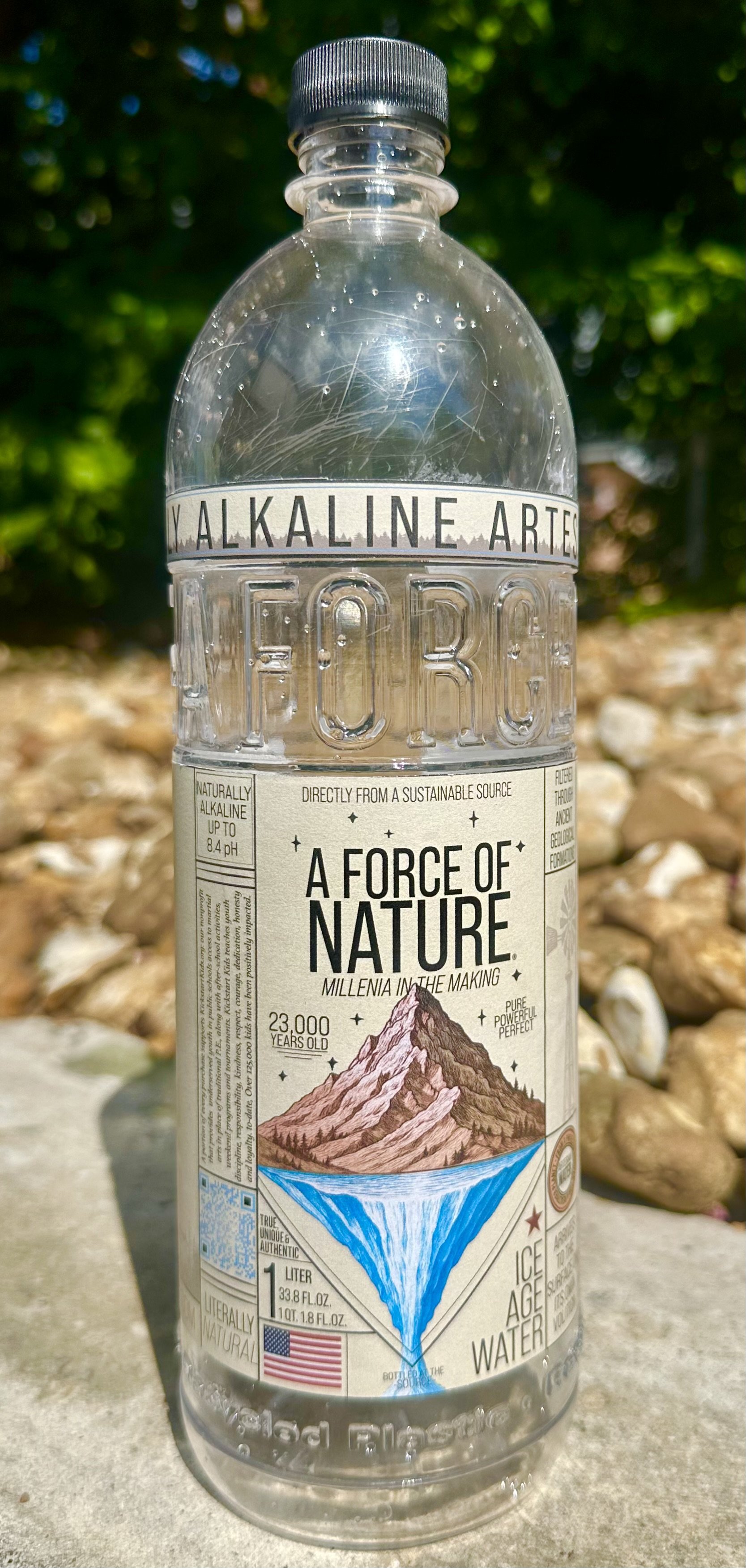 A clear plastic bottle of Alkaline Artes About water with a mountain and glacier illustration on the label, outdoors with rocks and green foliage in the background.