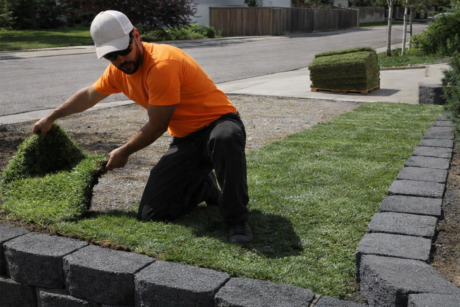 man installing retaining wall and sod for erosion control