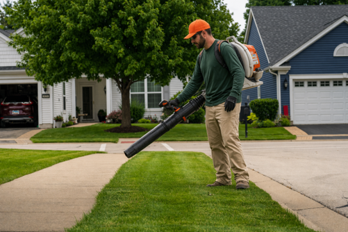 A man wears a cap and backpack sprayer, using a leaf blower to clear grass clippings on a suburban lawn as part of lawn care services.