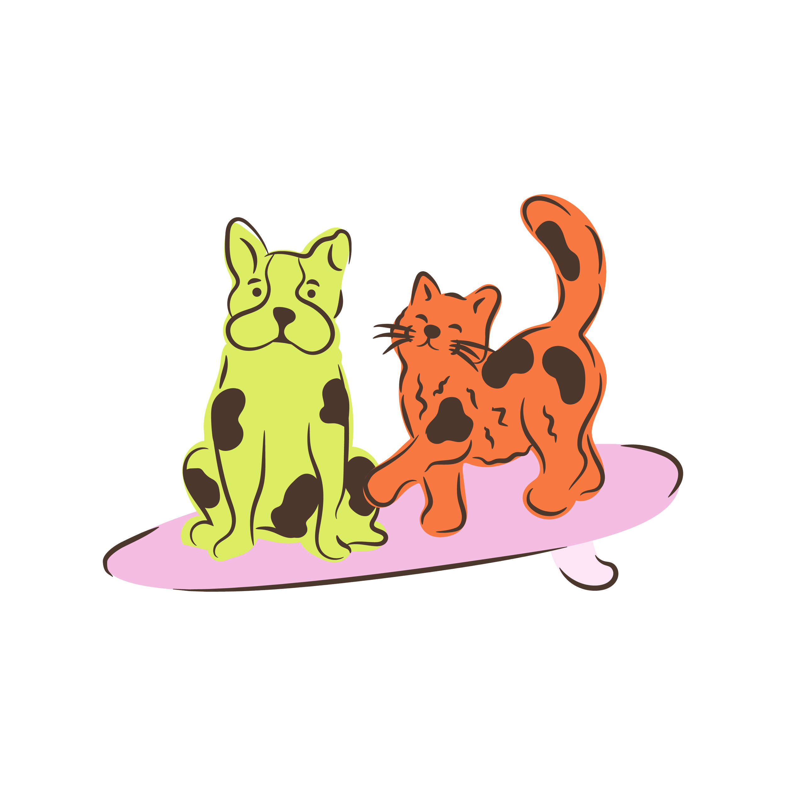 Illustration of a dog and cat sitting on a surfboard. The pets are stylized and cartoonish, with one green with black spots, one orange with black spots.