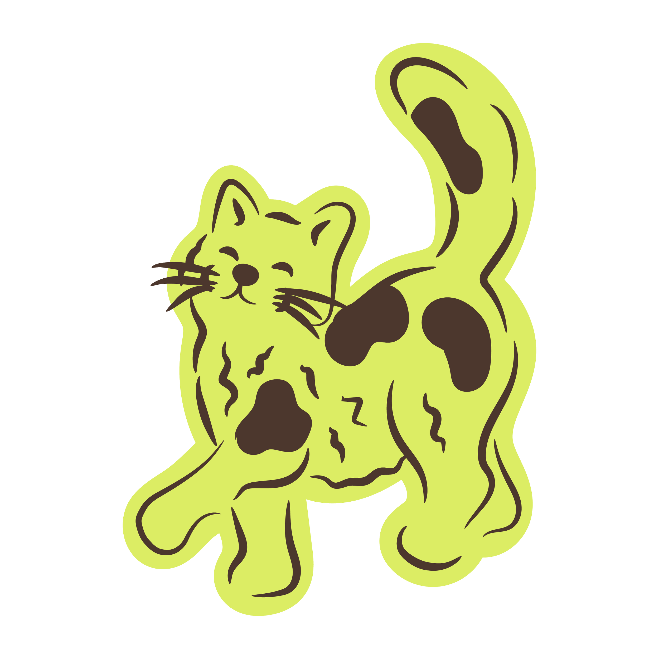 A stylized, cartoon-like yellow and brown striped cat with its eyes closed and one paw raised, appearing to be stretching or walking.