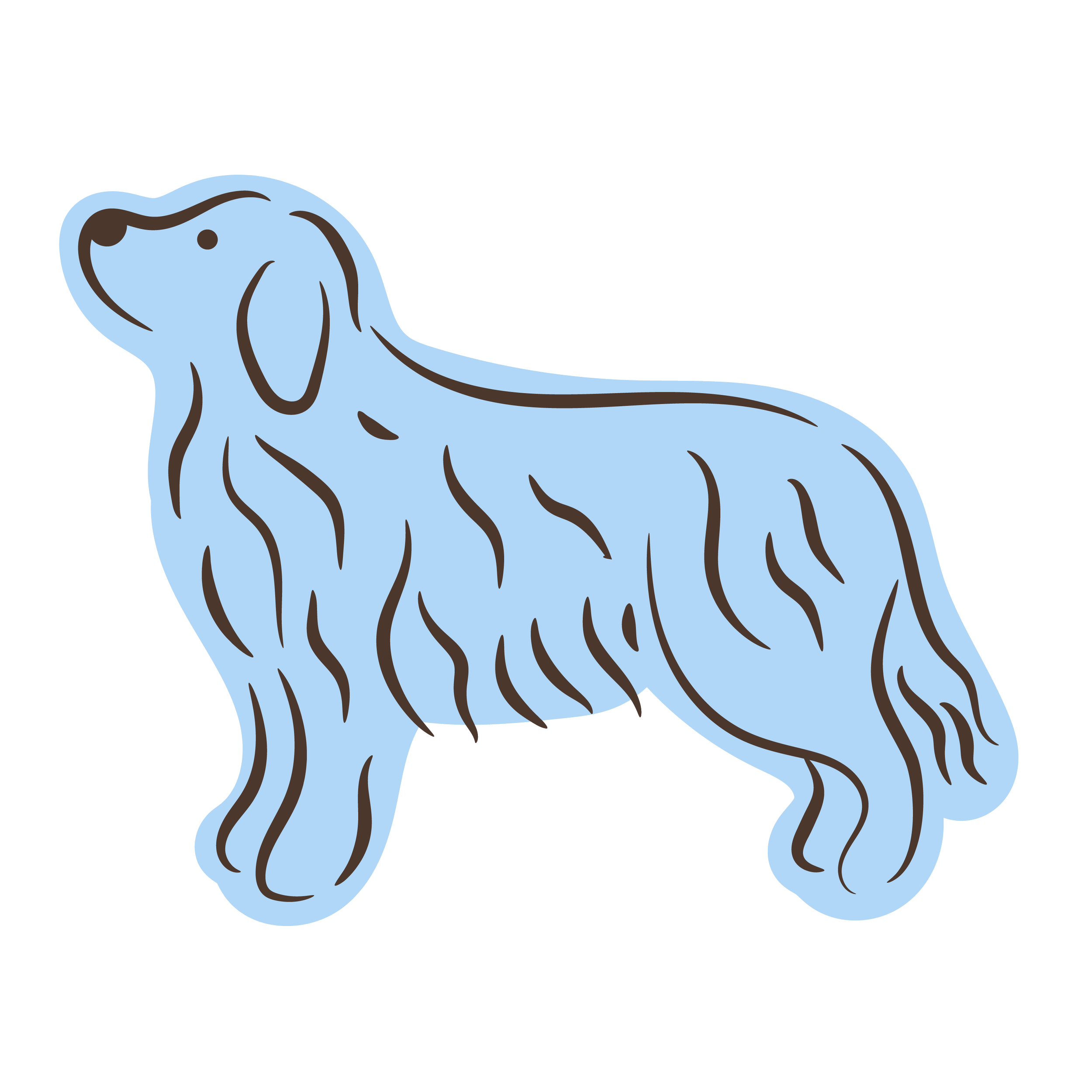 A blue outline drawing of a dog with long hair and floppy ears, facing left.