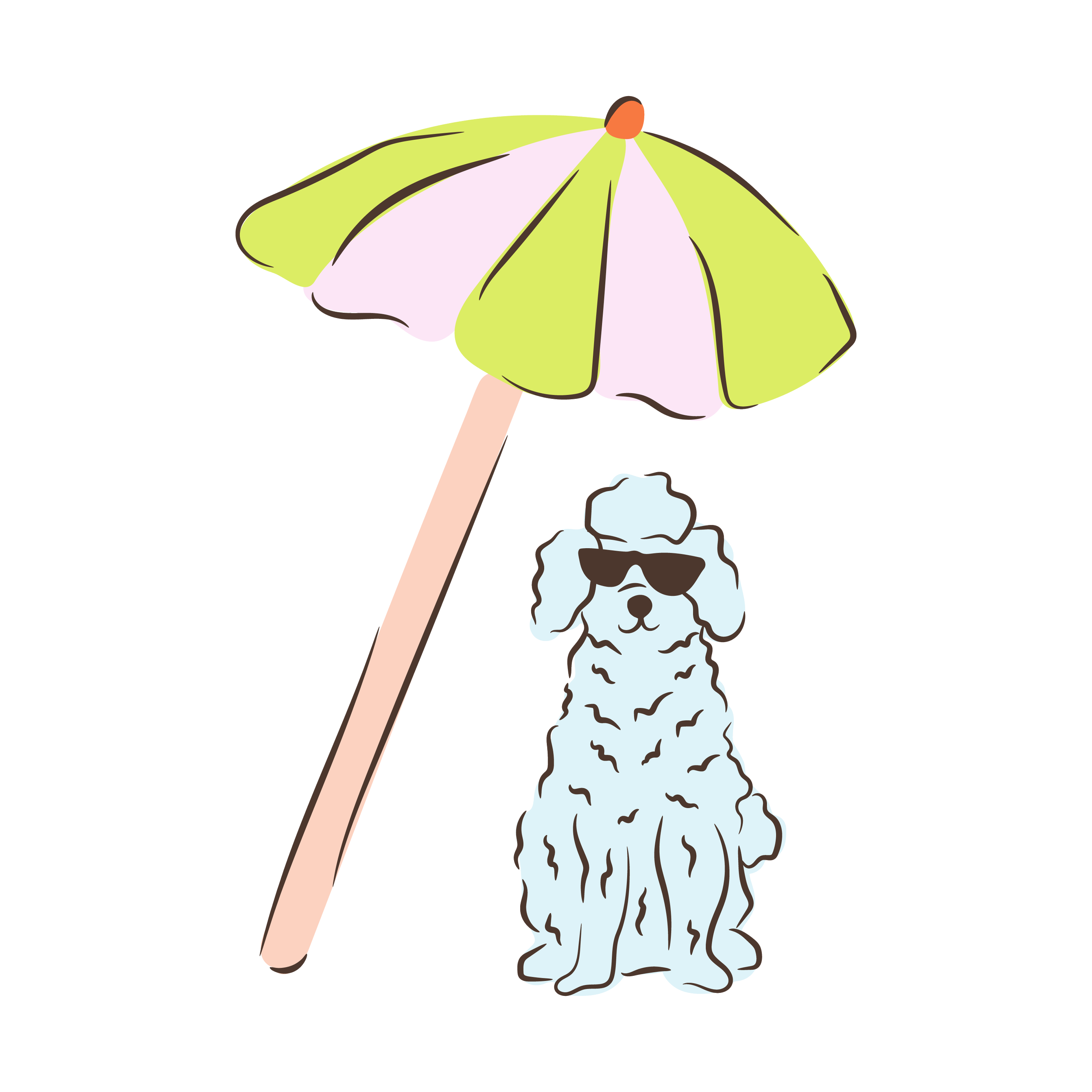 A pastel-colored illustration of a dog sat under a beach umbrella. The dog has curly fur and is wearing sunglasses.