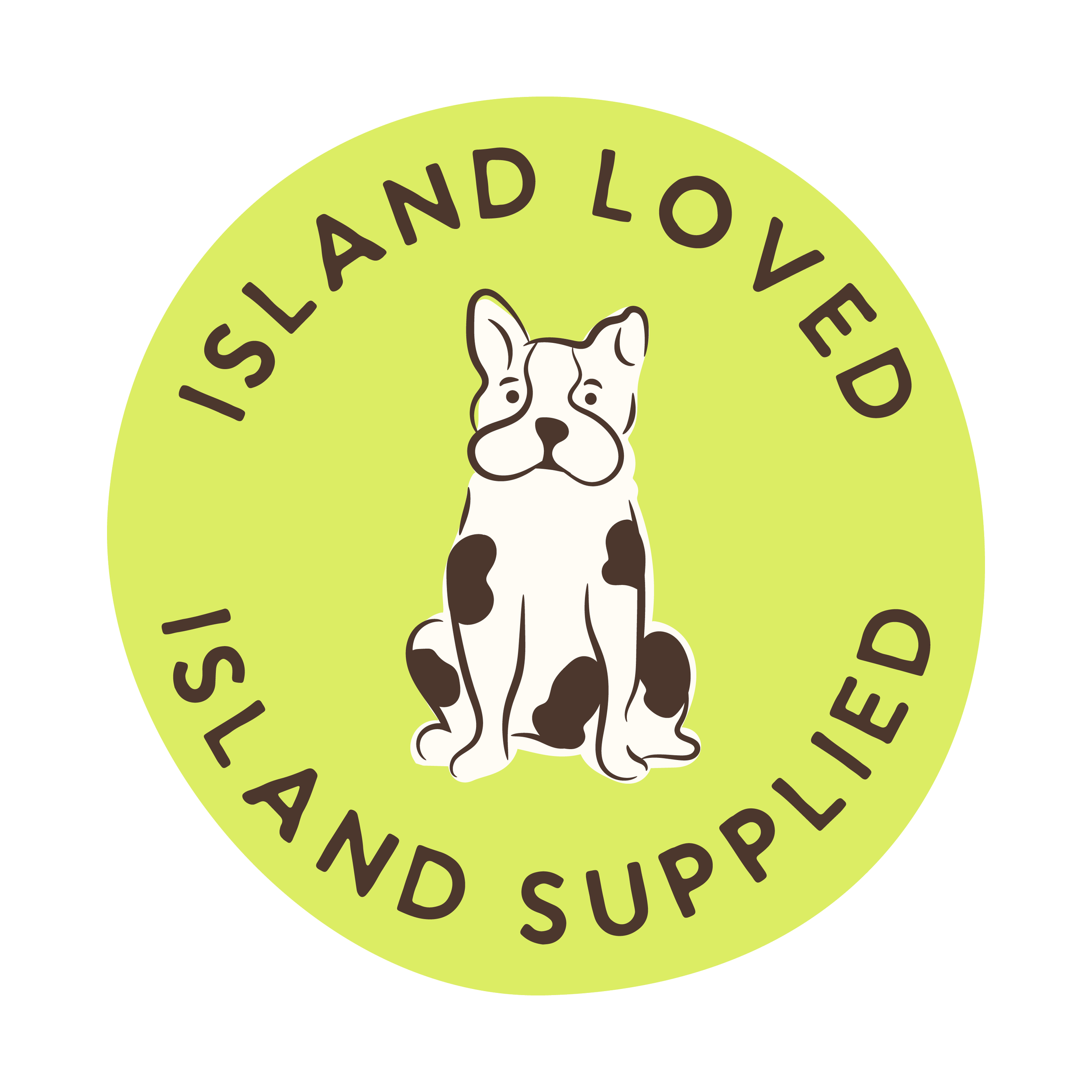 Green circular badge with a drawn dog and the words "ISLAND LOVED" and "SOUND" around it.
