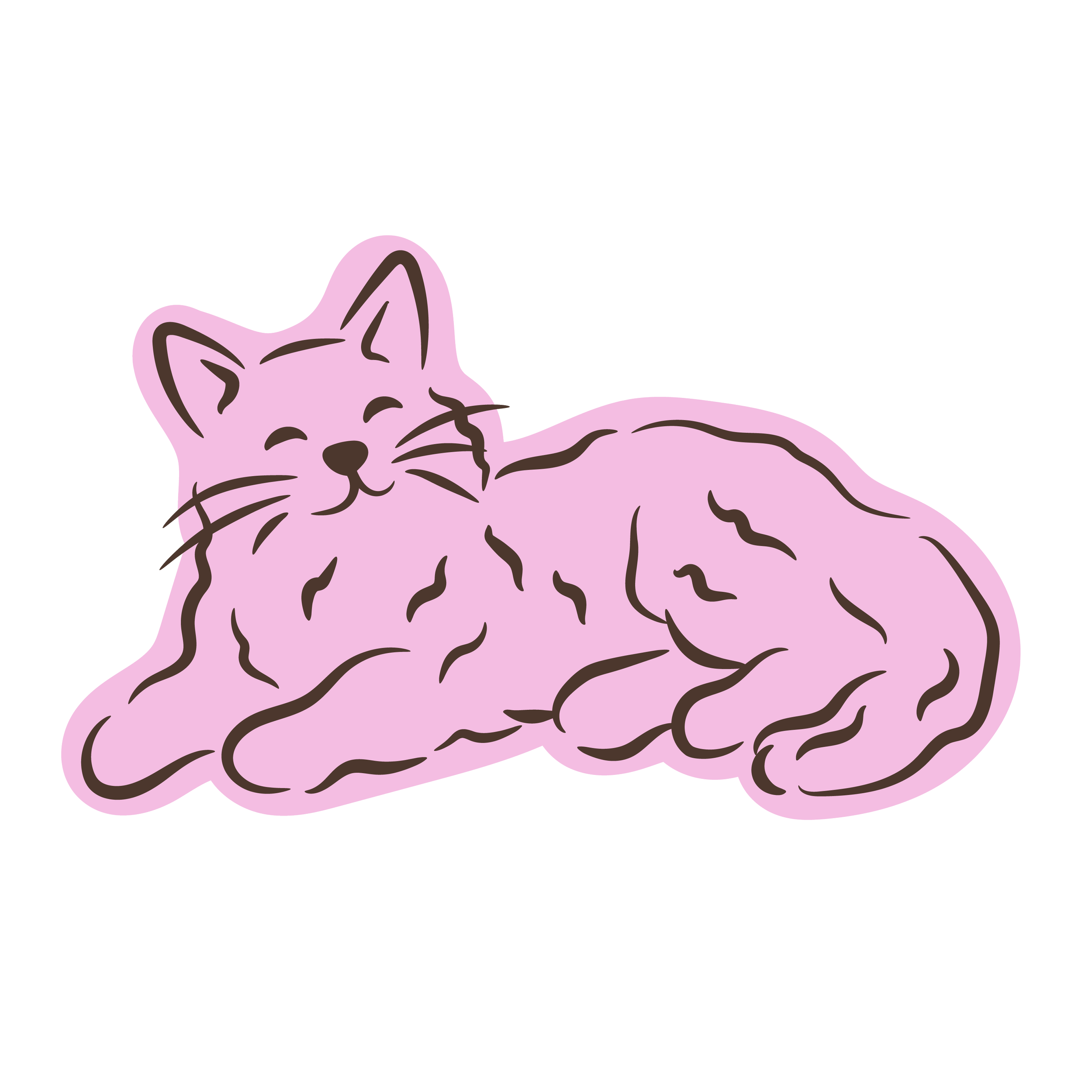 A line drawing of a pink cat with closed eyes, a smiling expression, and pointed ears
