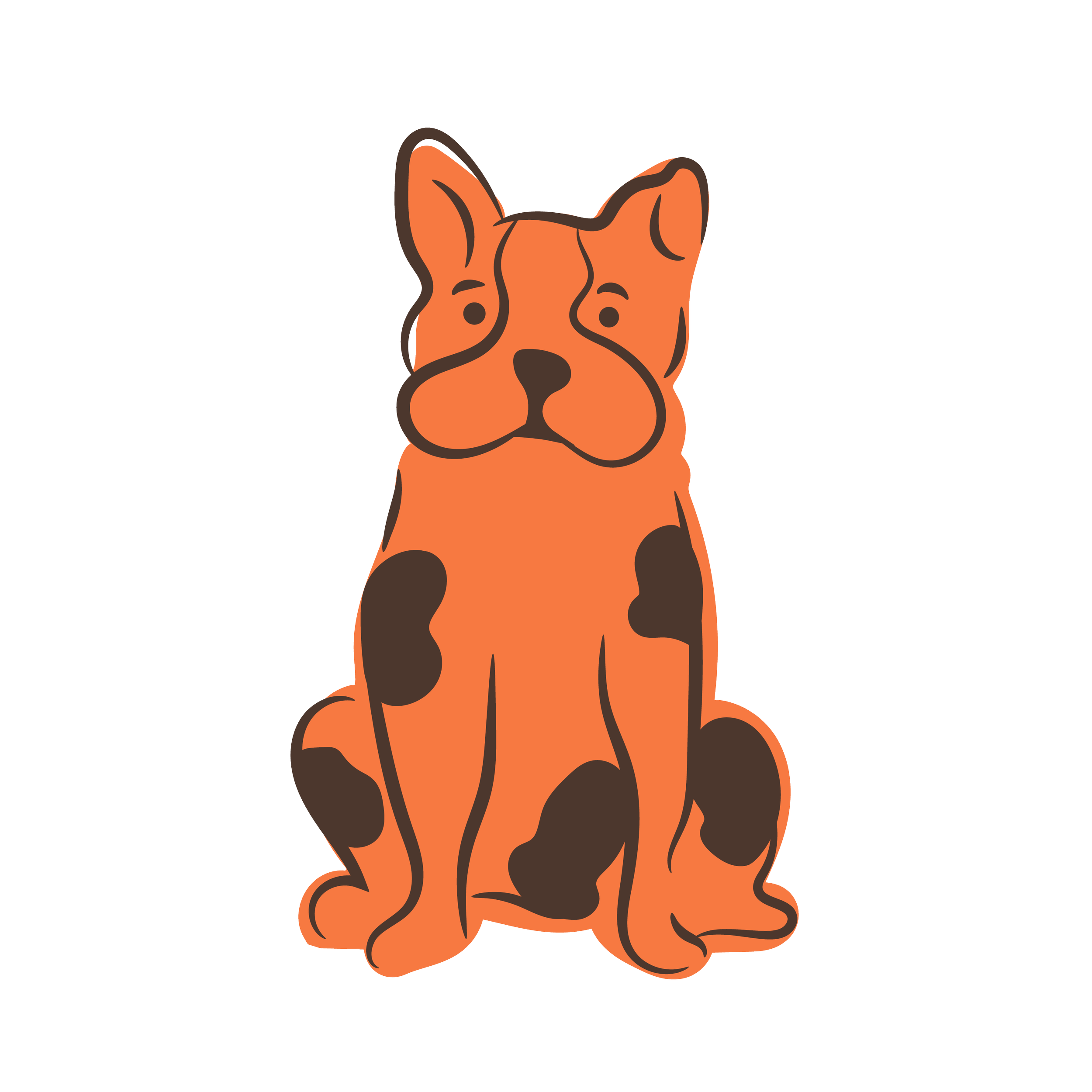 Cartoon illustration of a sitting dog with orange fur and brown patches, facing forward.