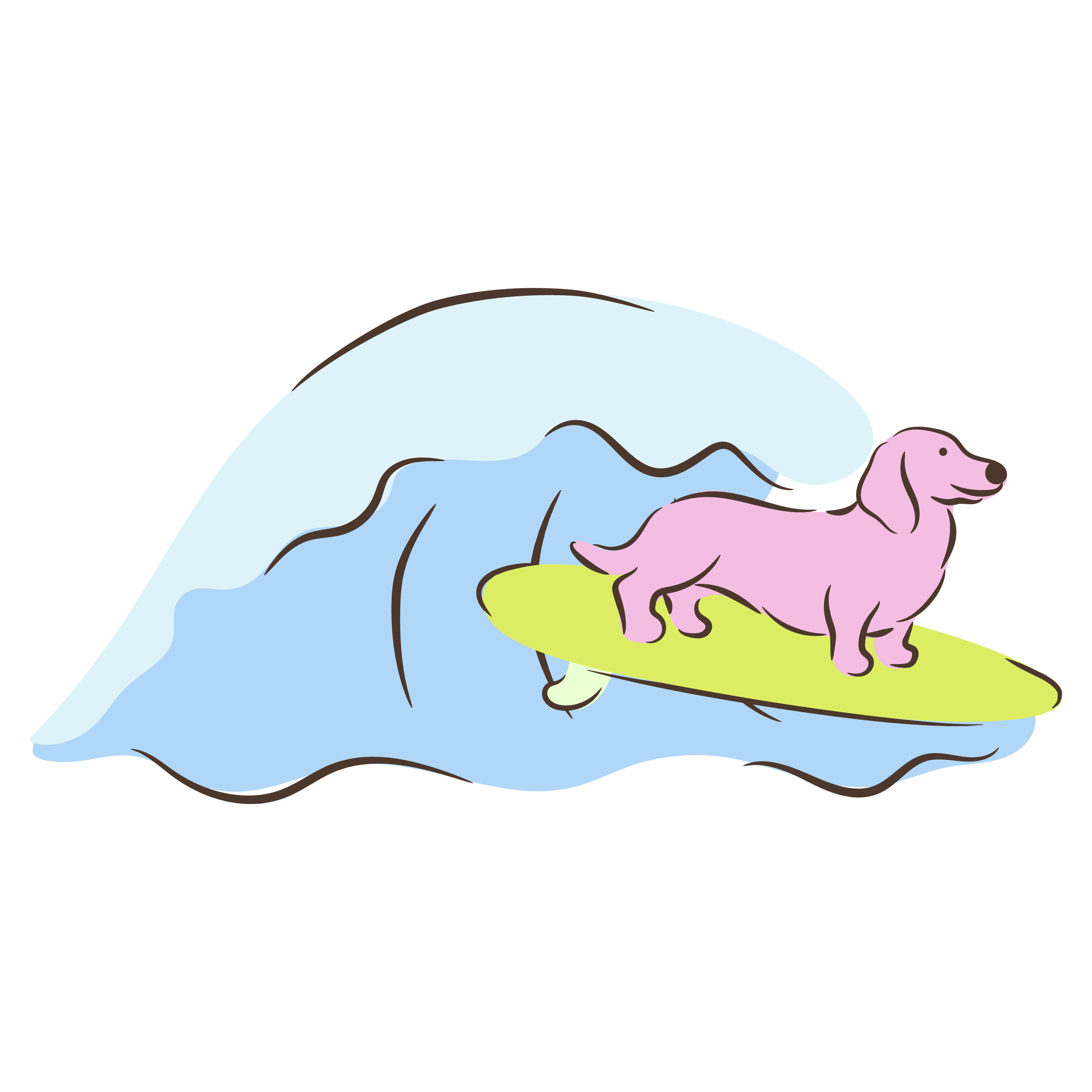 Illustration of a pink dog sitting on a green patch of grass with mountains and a blue sky in the background.