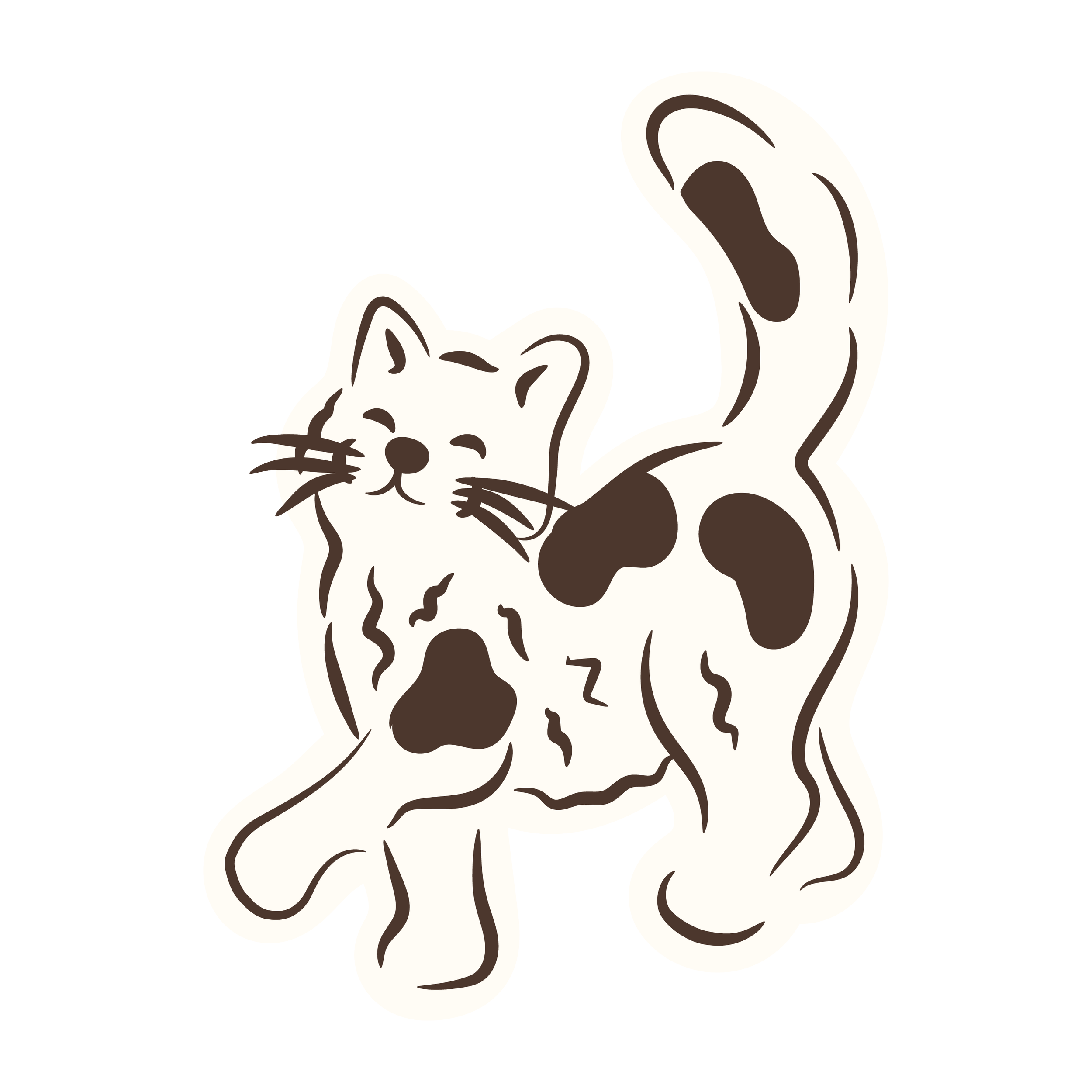 Illustration of a happy white and brown tabby cat with closed eyes and a playful expression.