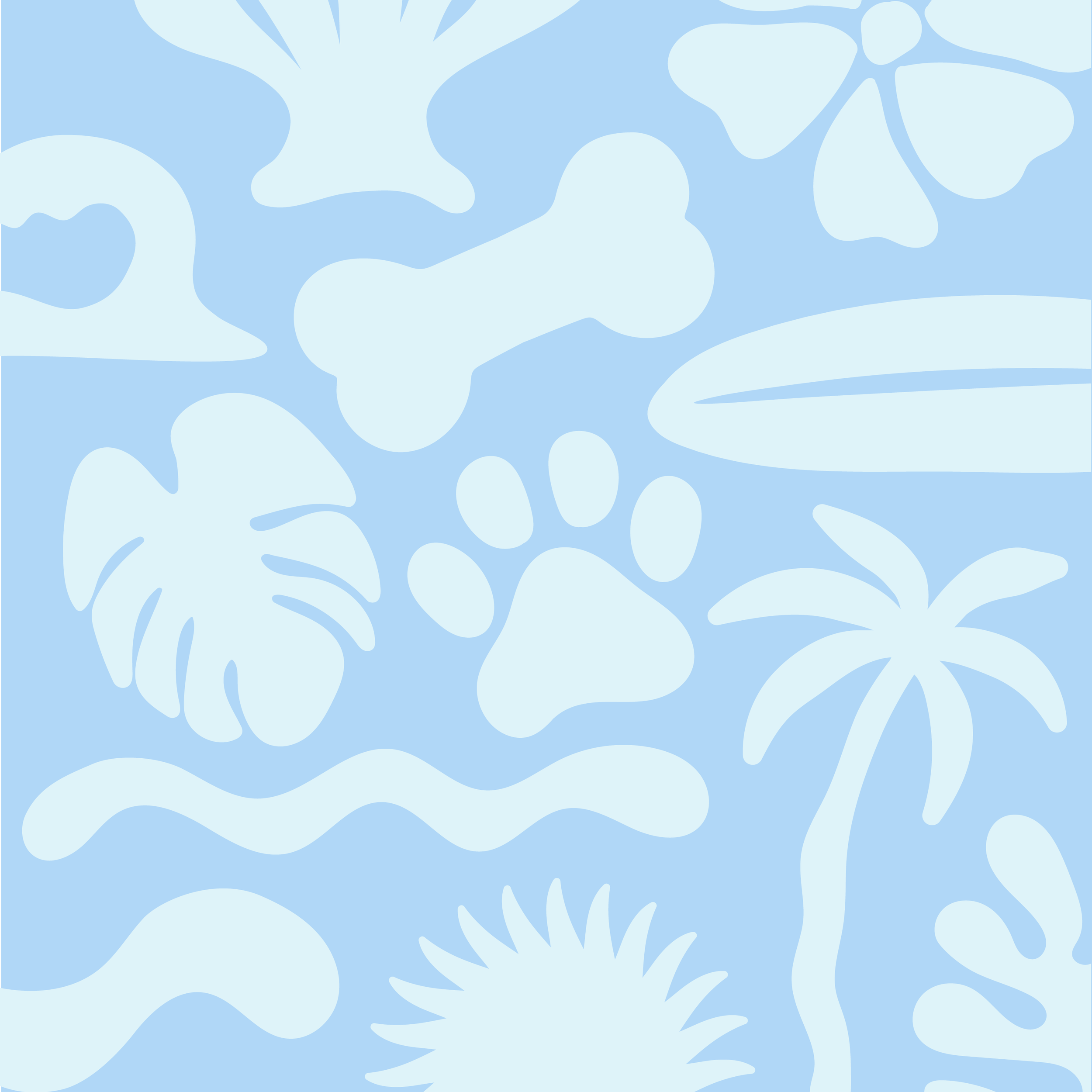 A close-up image of a light blue background with white abstract floral patterns.