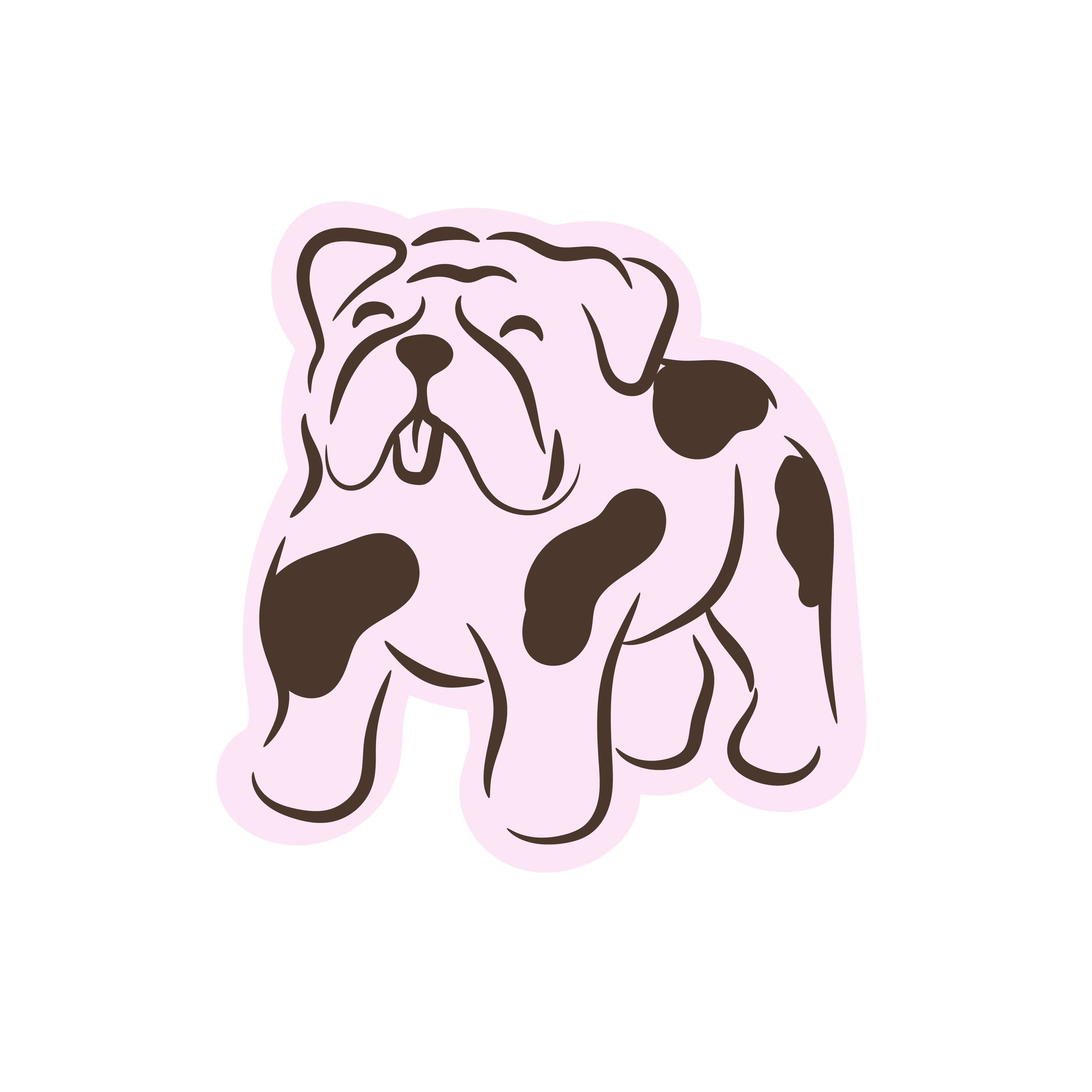 Illustration of a pink and brown spotted dog with a sad expression, sitting on a black background.
