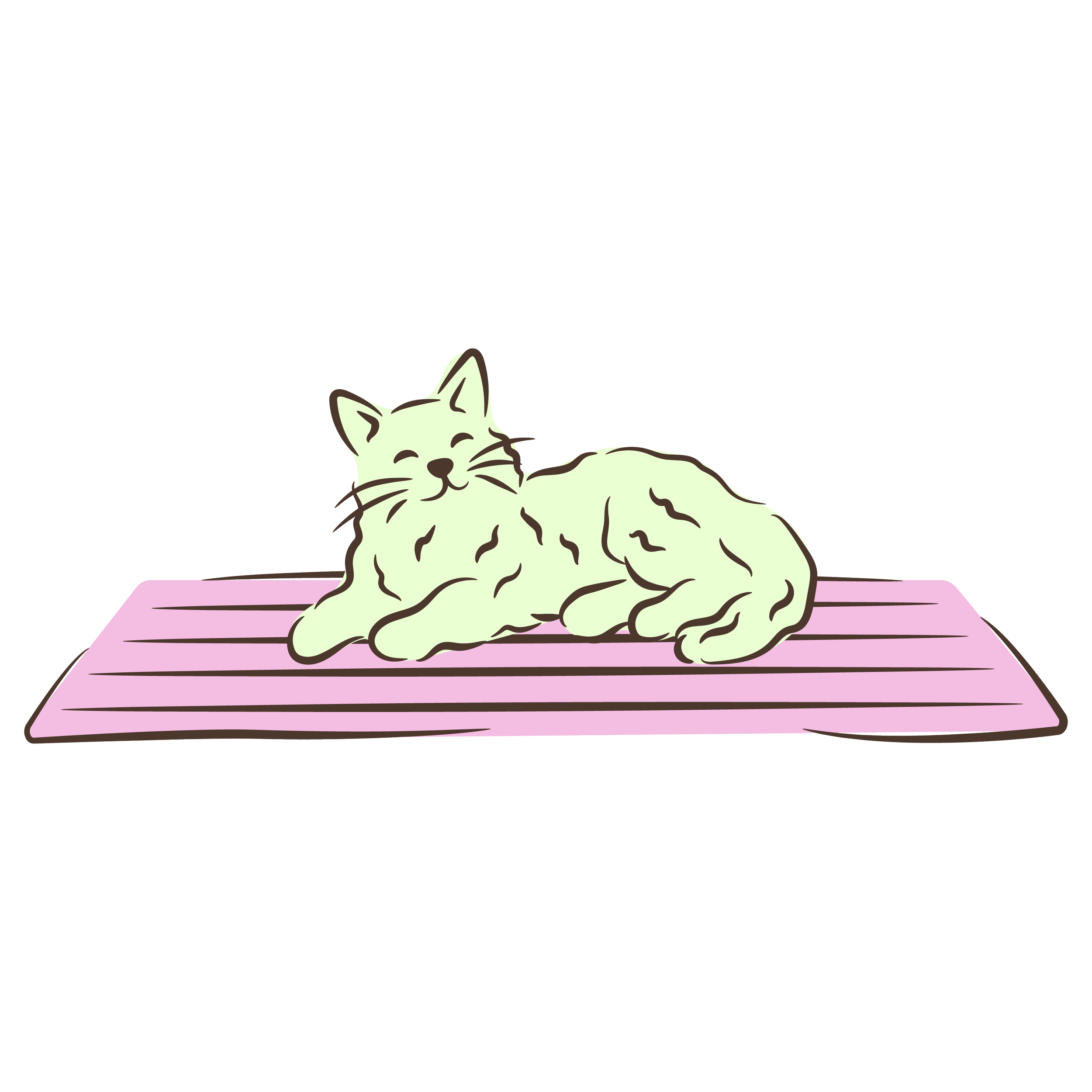 A cartoon illustration of a light green cat lying on a pink striped mat with closed eyes and a content expression.