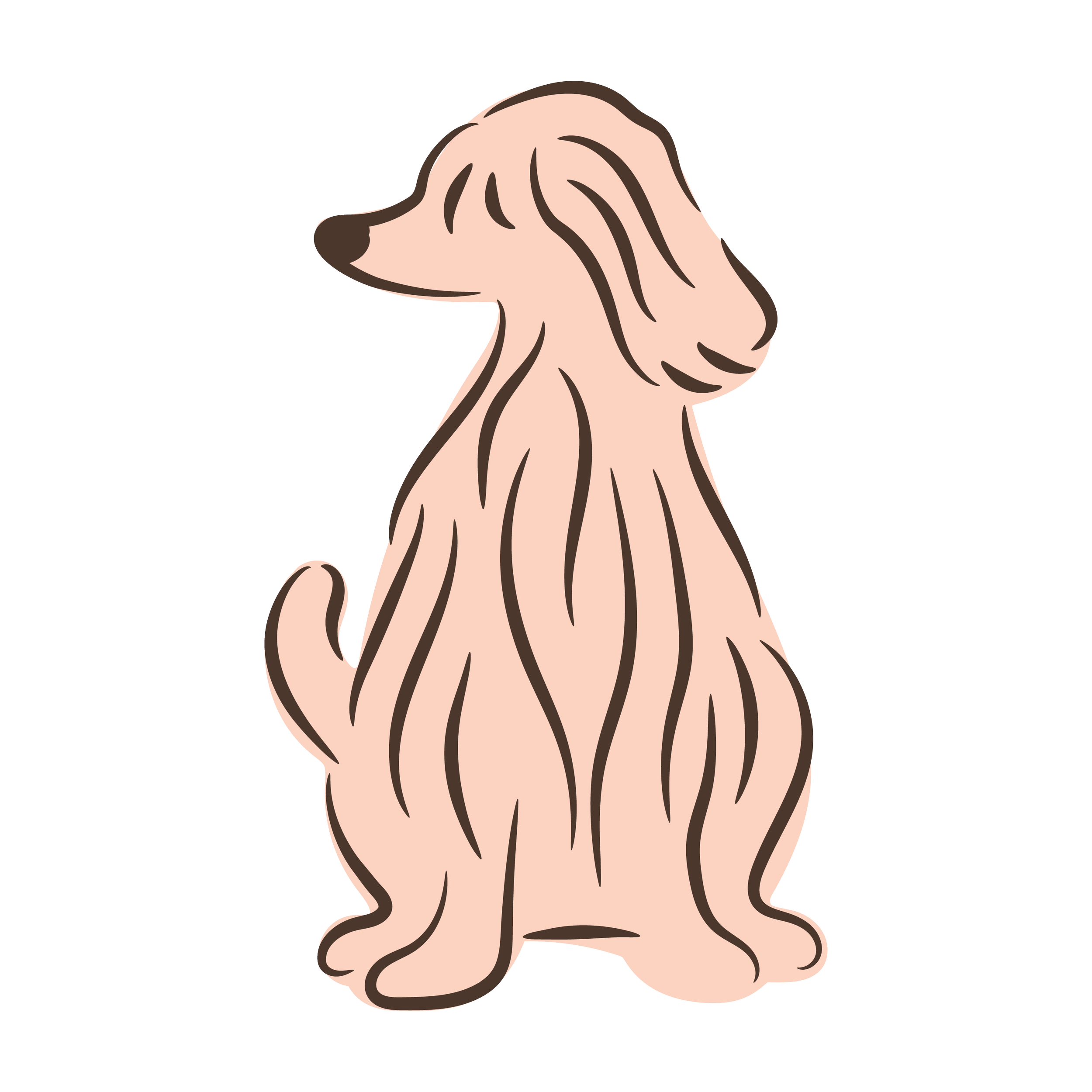 Illustration of a dog with long, flowing ears and pinkish fur, facing to the left.