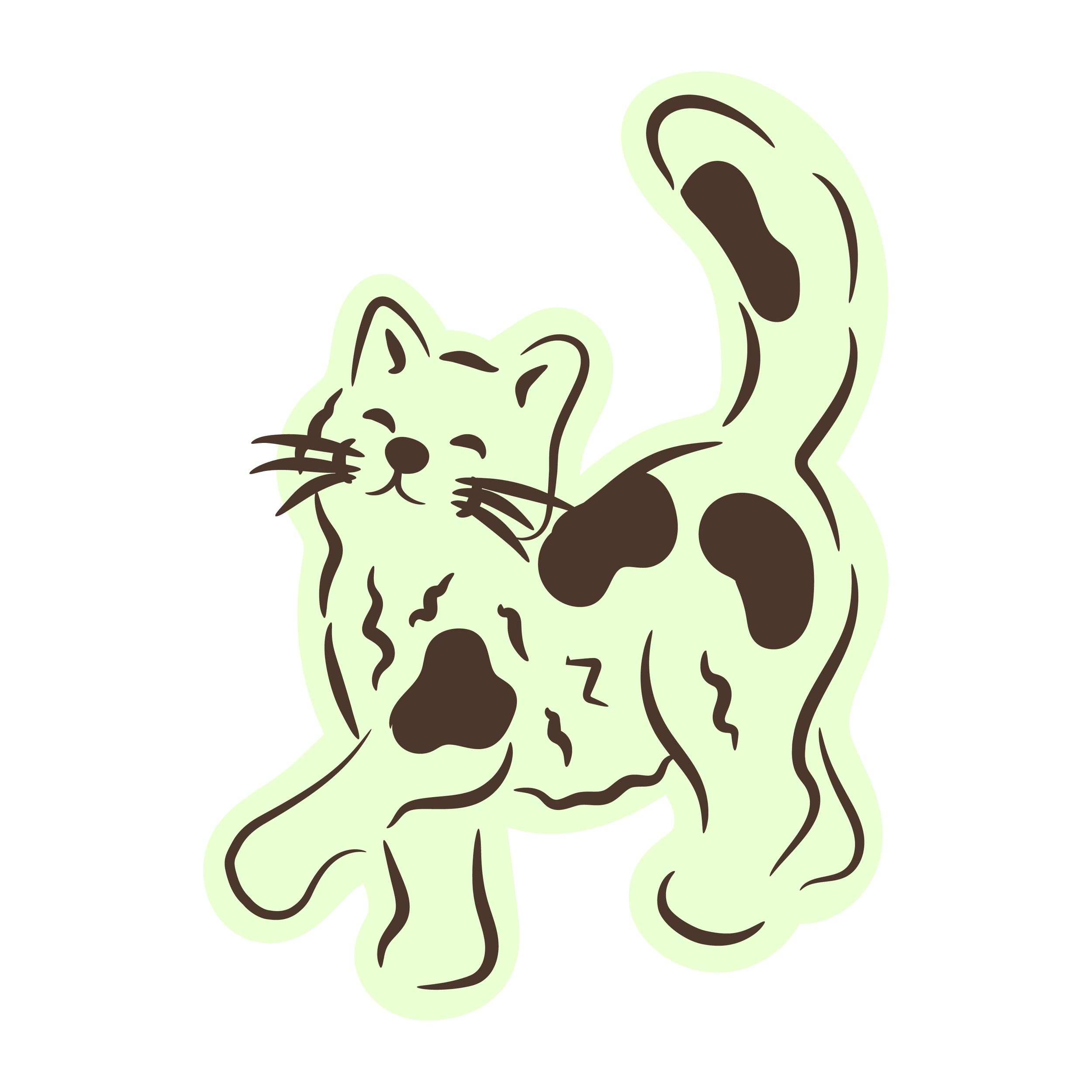 A light green cartoon cat with dark brown spots, closed eyes, and a smiling face, stretching its front paws forward and curving its tail upward.