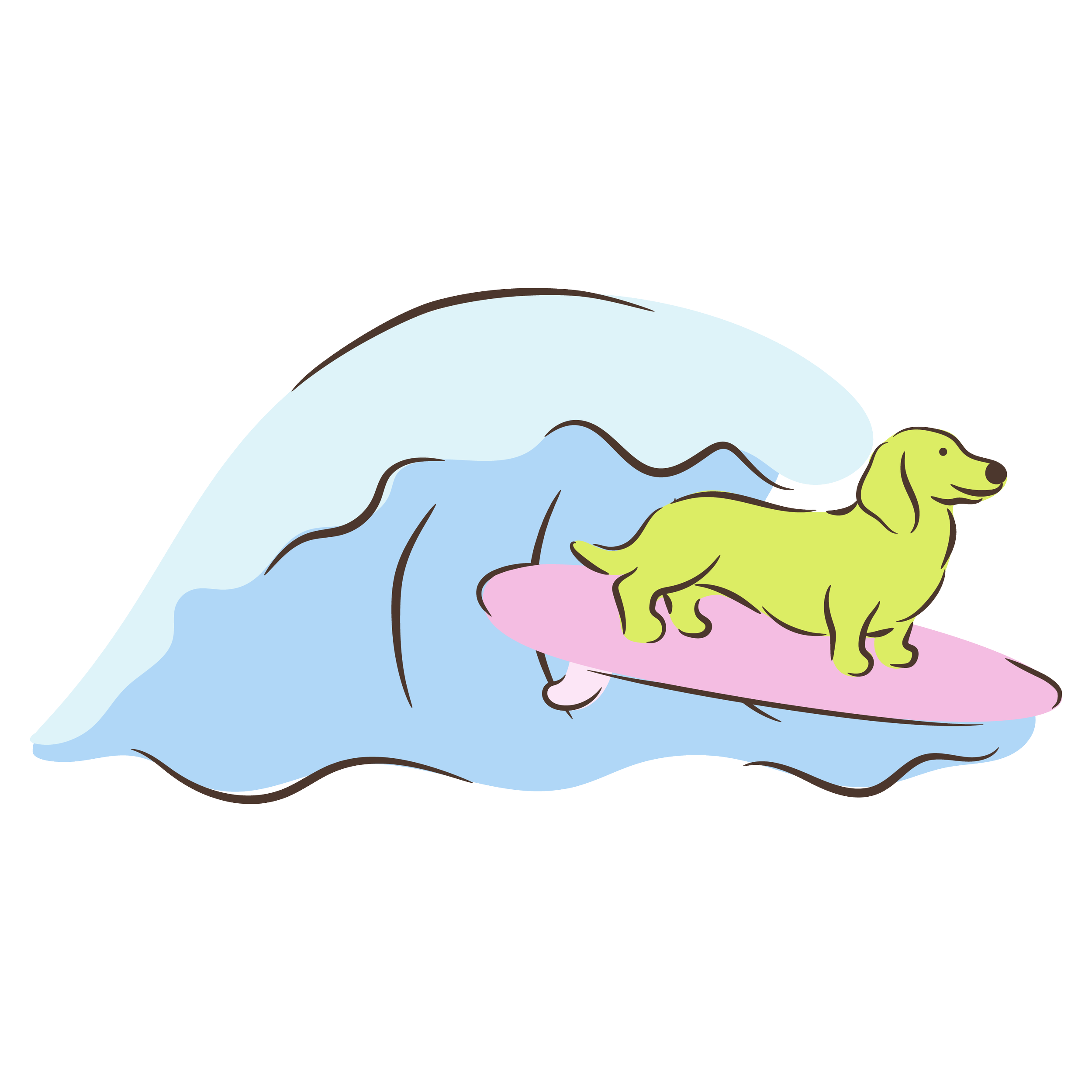 Cartoon of a green dog standing on a surfboard, with a blue waves