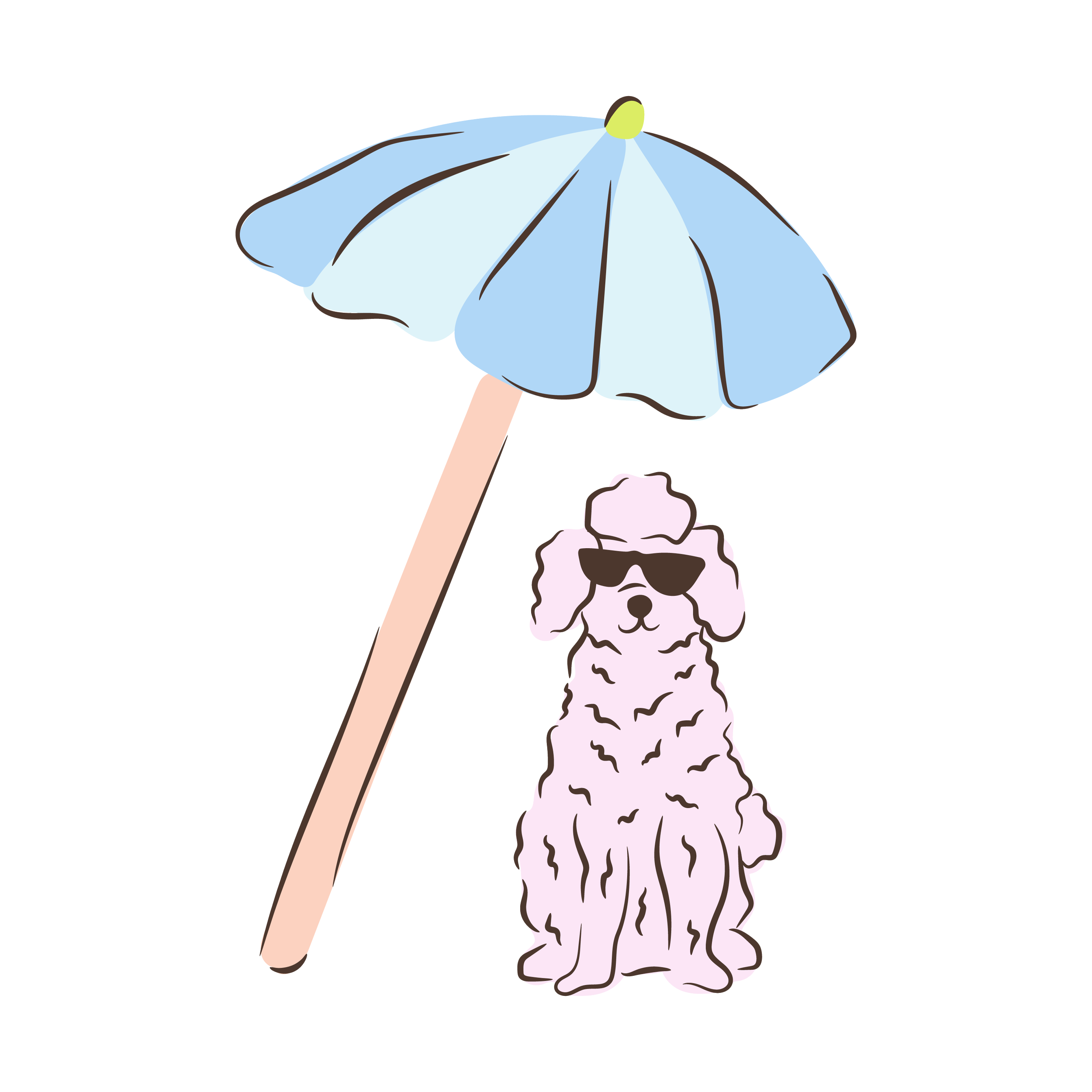 A cartoon of a doodle dog holding an umbrella with a brown handle, blue canopy with black outlines, standing next to a pink poodle dog with curly fur and wearing sunglasses.
