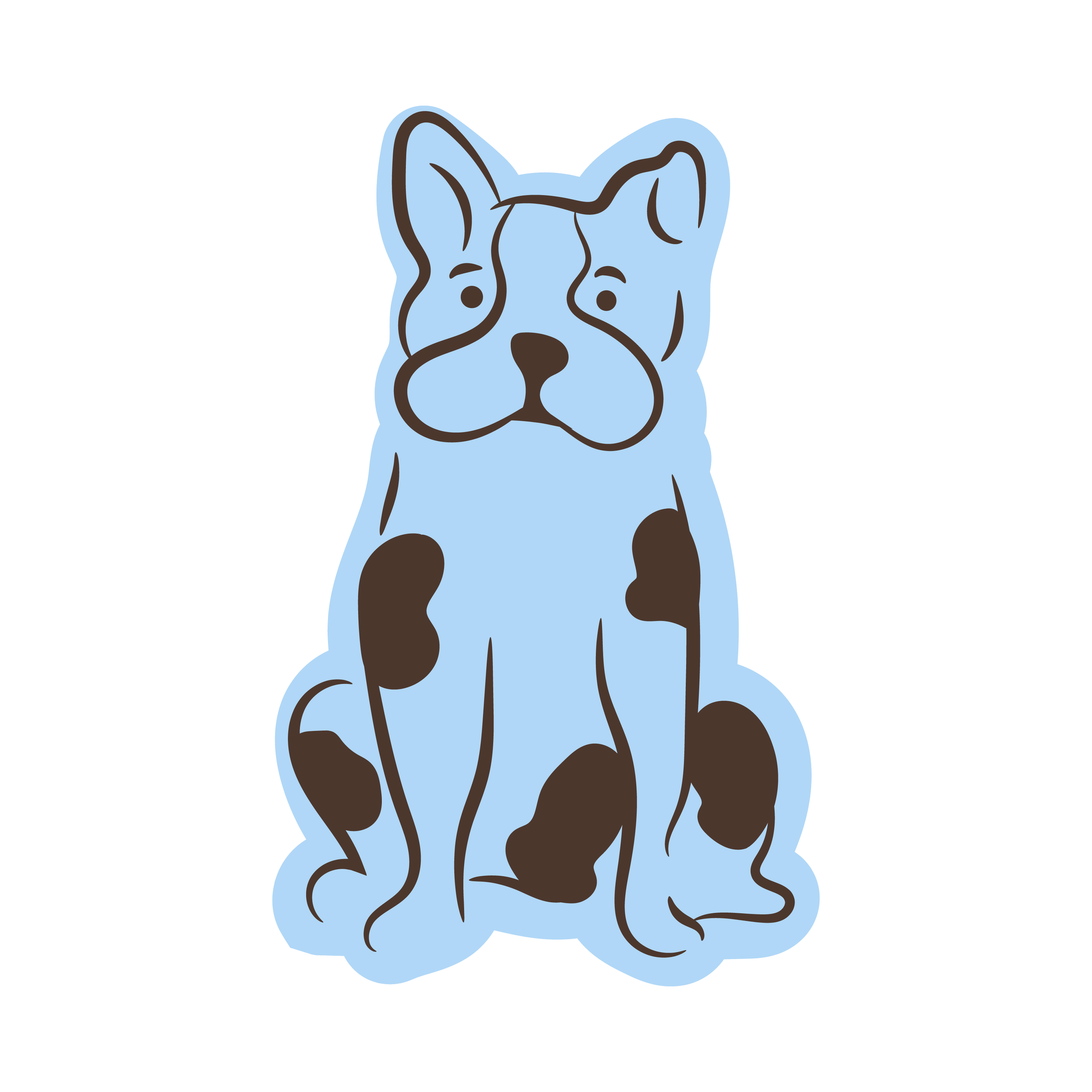 Cartoon illustration of a dog with blue coloring and brown patches, with a cute and friendly expression.