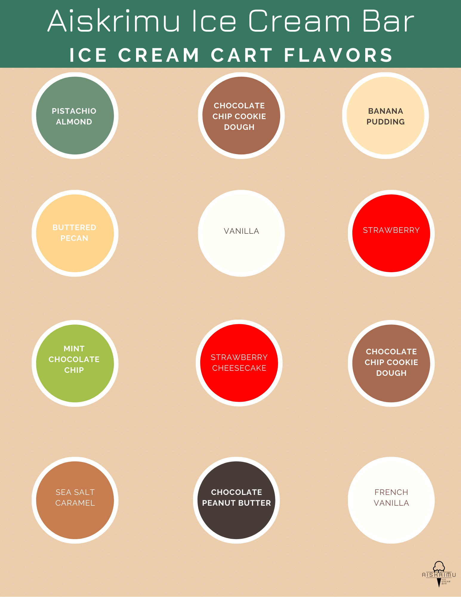 Chart displaying flavors of Aiskrim Ice Cream Bar, including pistachio almond, chocolate chip cookie dough, banana pudding, buttered pecan, vanilla, strawberry, mint chocolate chip, strawberry cheesecake, sea salt caramel, chocolate peanut butter, and French vanilla on a beige background.