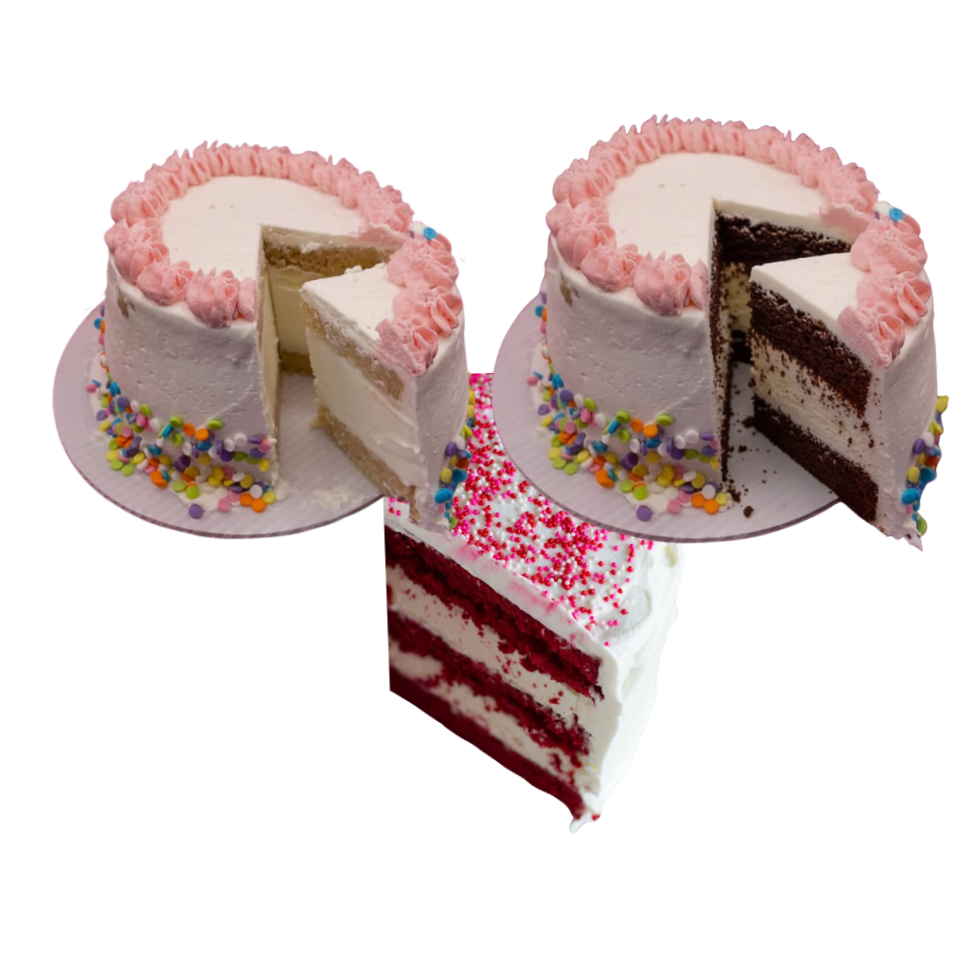 Three decorated birthday cakes, two with white and pink frosting and sprinkles, and one with red velvet layers and white frosting, all with a slice removed.