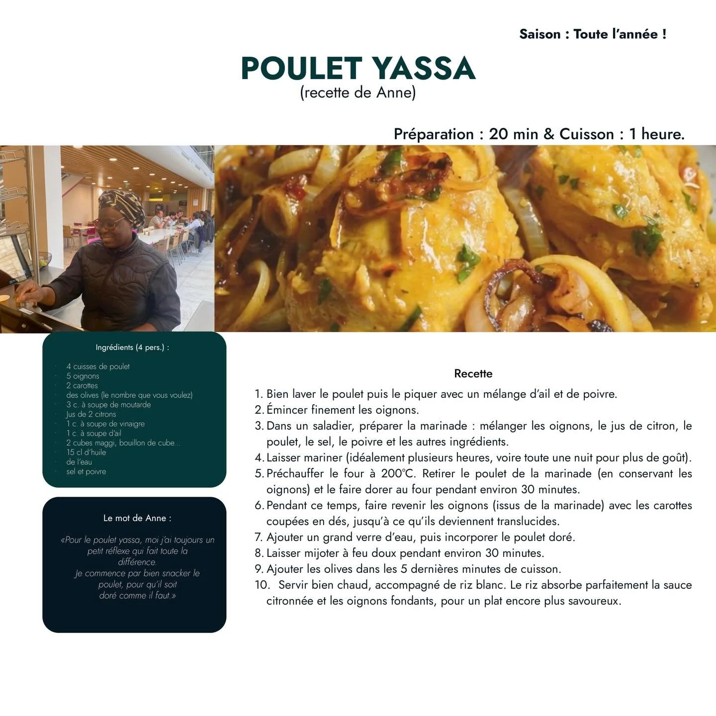 La recette du mois est sign&eacute;e Anne !

Ce mois-ci, on met &agrave; l&rsquo;honneur un plat d&rsquo;Afrique de l&rsquo;Ouest plus pr&eacute;cis&eacute;ment du S&eacute;n&eacute;gal : le Poulet Yassa. Un plat traditionnel tr&egrave;s populaire, &