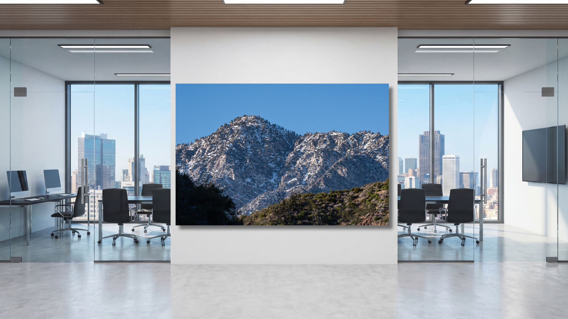 Modern office featuring original Southern California mountain photography displayed as premium metal wall art. Nature-inspired artwork designed to create a welcoming, calming atmosphere in corporate offices, healthcare facilities, therapy practices,