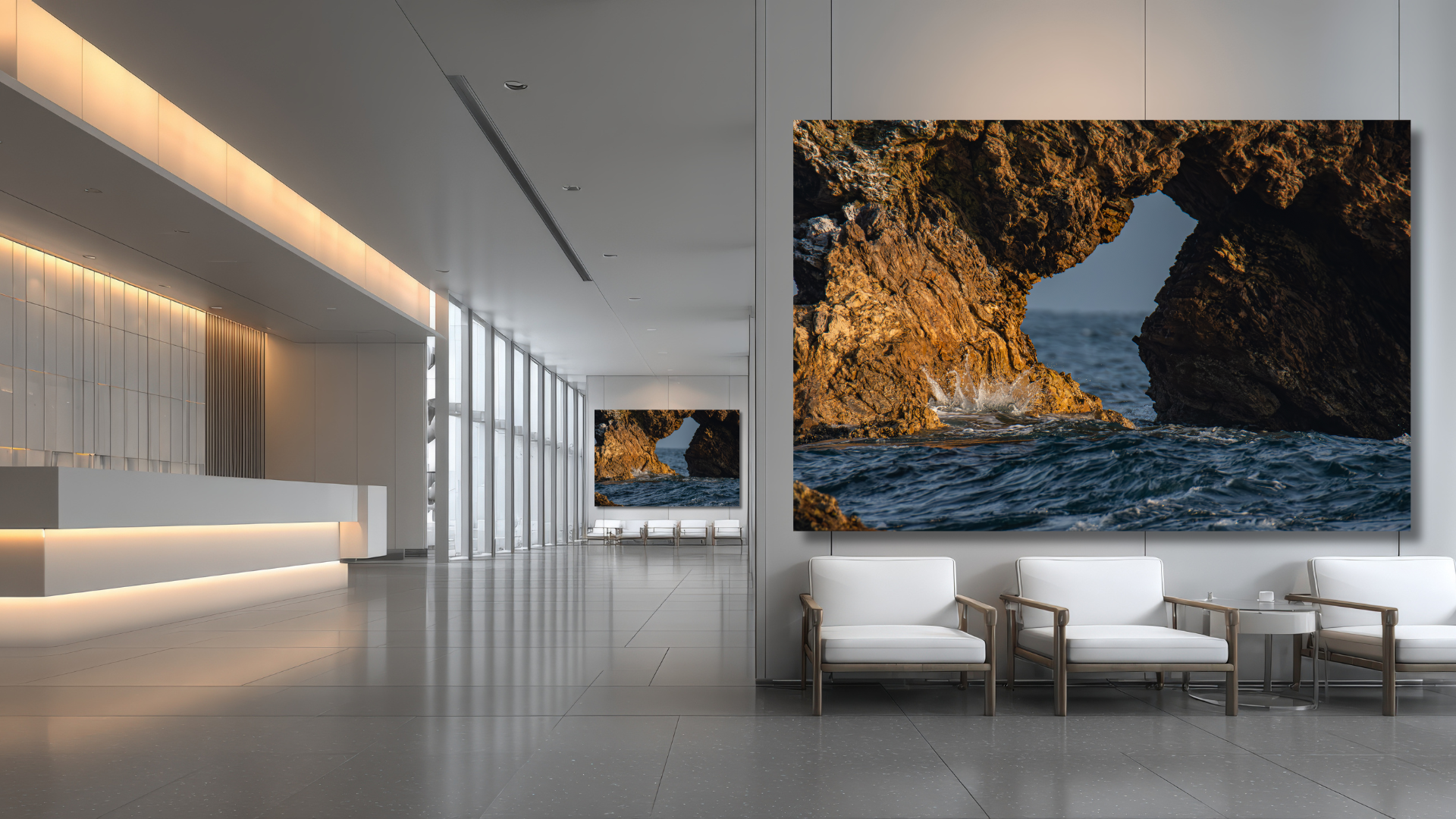 Modern office lobby featuring original waterfall nature photography on premium metal wall art. Southern California landscape photography designed to create welcoming, calming environments for offices, healthcare facilities, therapy practices, wellnes