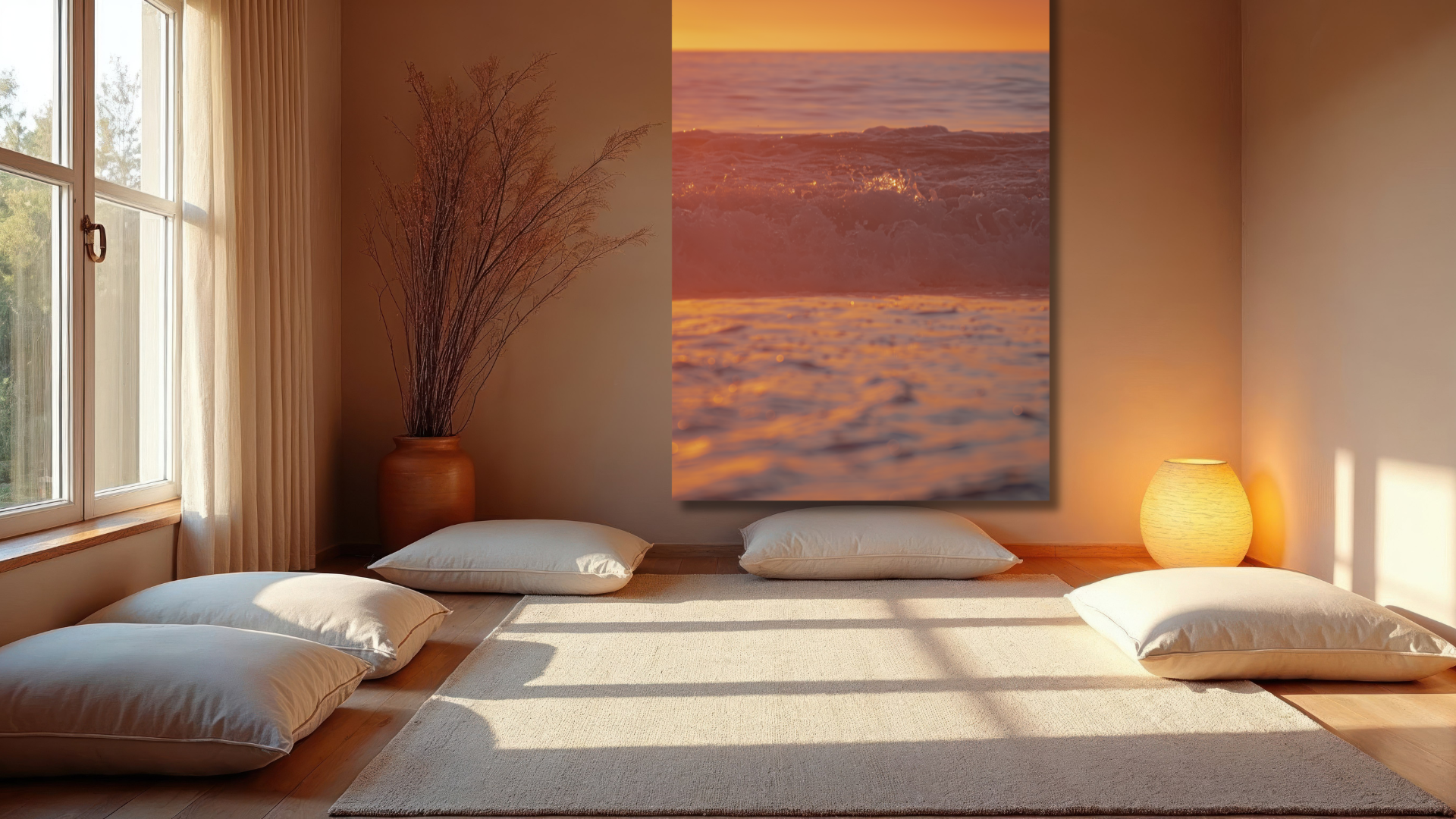 Modern bedroom featuring peaceful coastal nature photography on premium metal wall art. Original Southern California landscape photography designed to bring calm, relaxation, and the restorative beauty of nature into bedrooms, homes, wellness spaces,