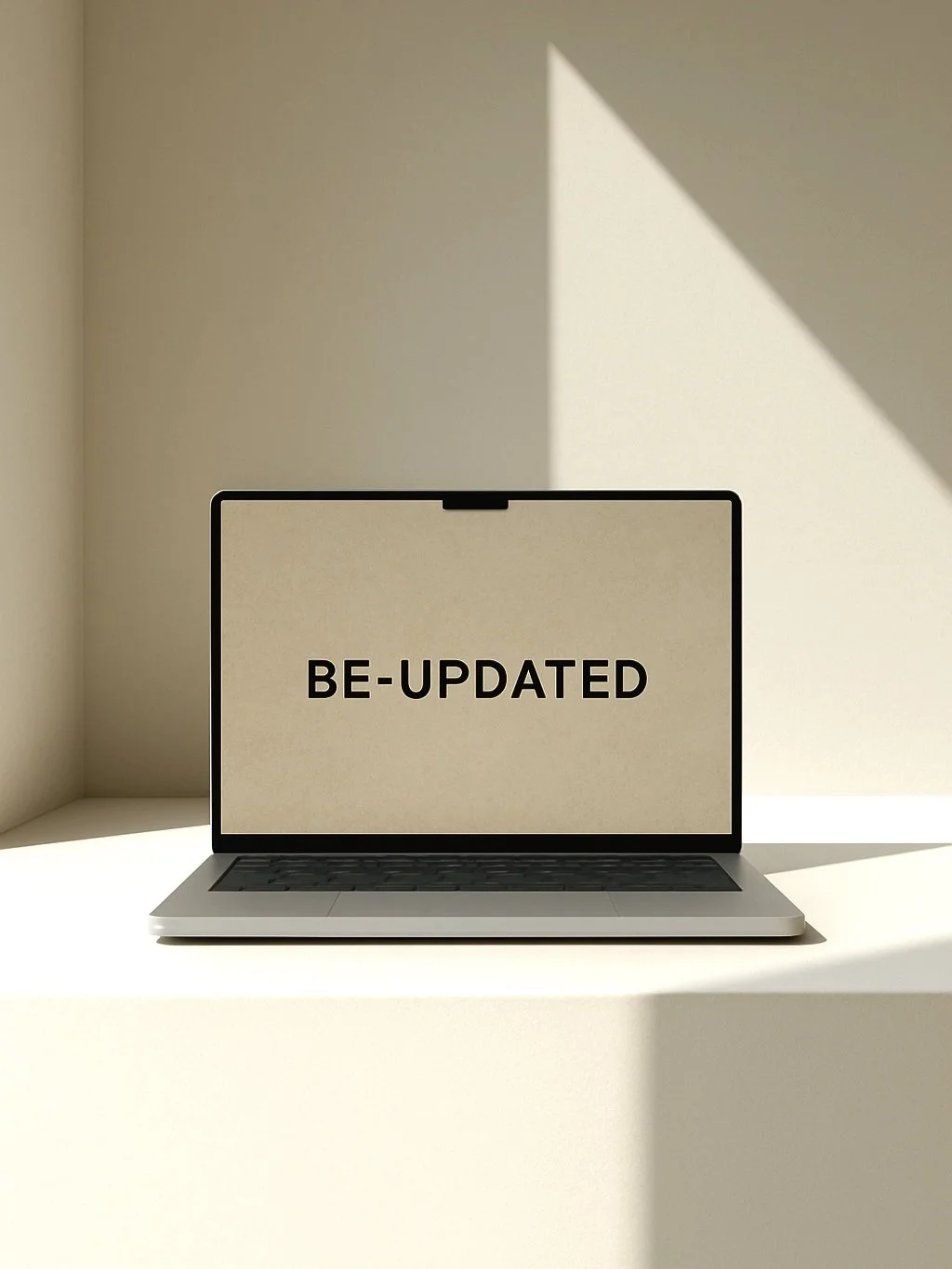 Een laptop op een lichte tafel, met een beige scherm waarop "BE-UPDATED" staat.