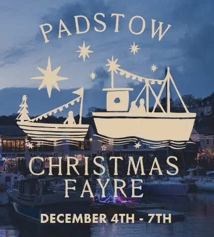 Decorative sign for Padstow Christmas Fayre featuring boats, stars, and the event dates December 4th to 7th.