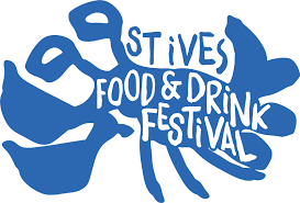 Logo for Stives Food & Drink Festival featuring a blue hand and a shark silhouette with stylized text