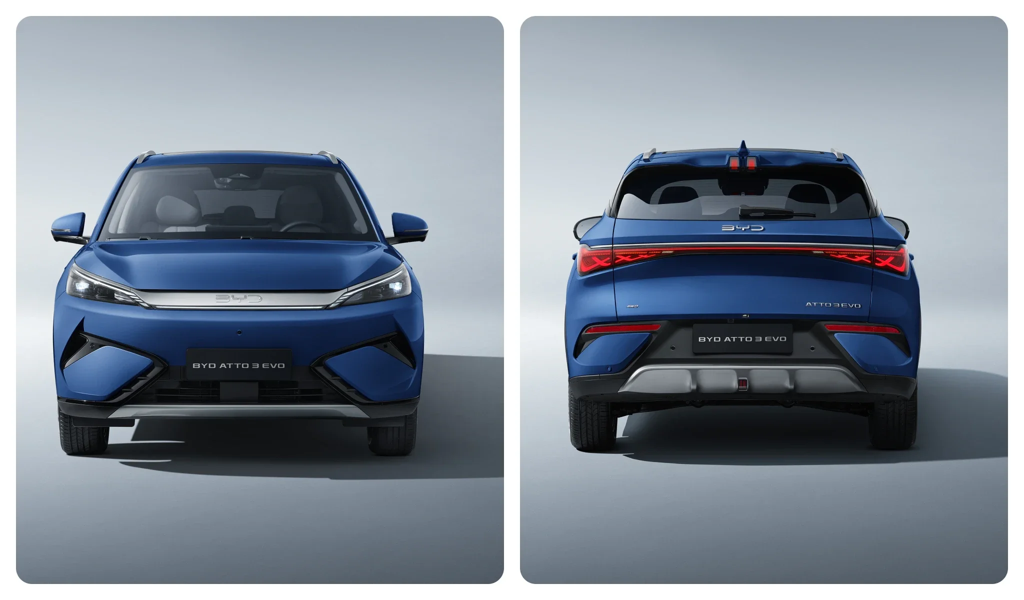 Front and rear views of a blue BYD Atto 3 electric SUV against a plain background.
