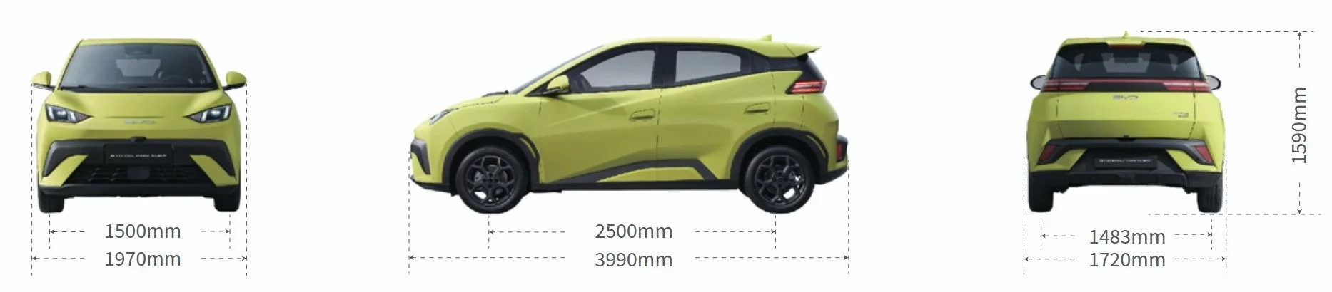 Schemat techniczny z wymiarami elektrycznego samochodu BYD Dolphin Surf w limonkowym kolorze, przedstawiający rzut z przodu, z boku oraz z tyłu wraz z podanymi gabarytami i rozstawem osi w milimetrach.