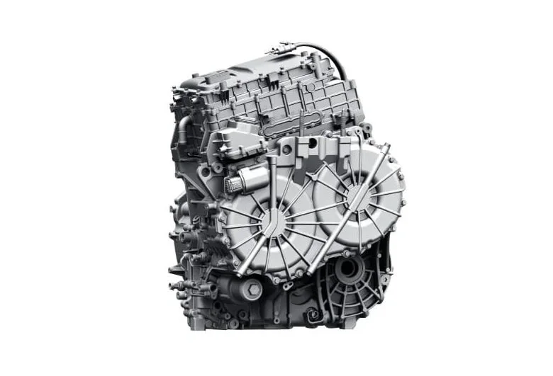 Trójwymiarowy model techniczny układu hybrydowego BYD DM-i (Super Hybrid) stosowanego w modelu BYD Seal U DM-i, przedstawiający silnik spalinowy zintegrowany z przekładnią elektryczną na białym tle.