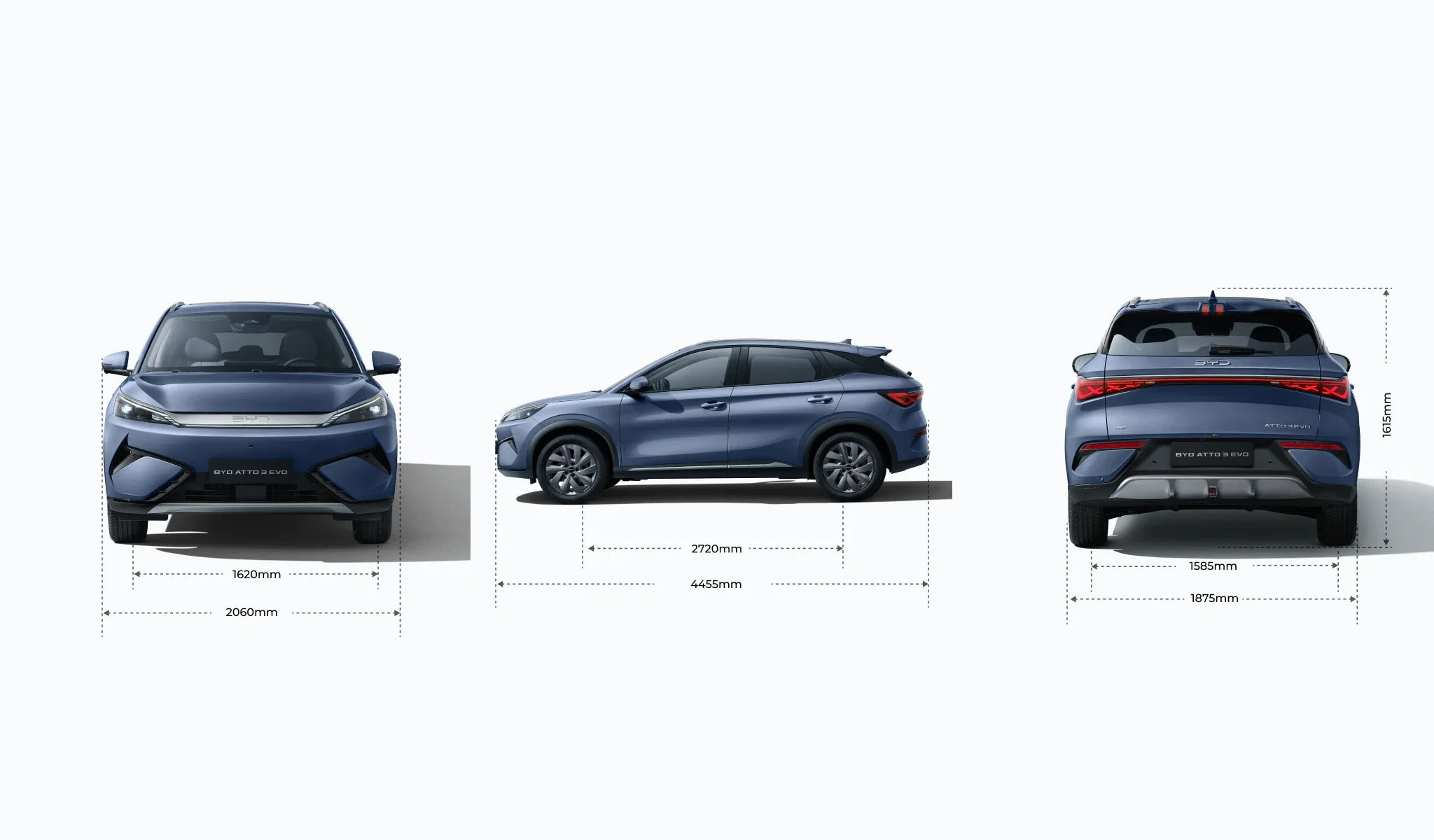 Schemat techniczny BYD Atto 3 z trzech stron prezentujący dokładne wymiary auta: długość 4455 mm, szerokość 2060 mm, wysokość 1615 mm oraz rozstaw osi 2720 mm.