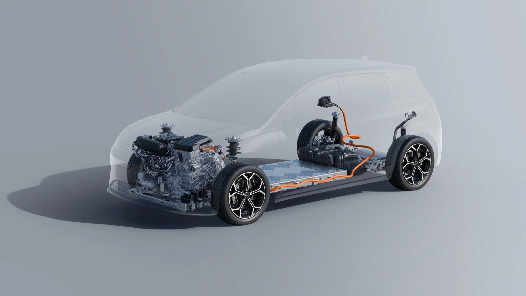 Ilustracja napędu hybrydowego BYD Dolphin G — bateria, silnik elektryczny i silnik spalinowy w widoku technicznym