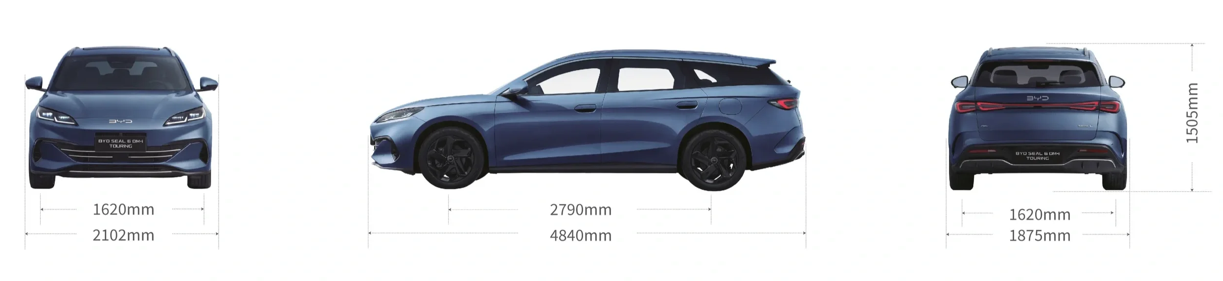 Schemat graficzny na białym tle przedstawiający sylwetkę niebieskiego hybrydowego kombi BYD Seal 6 DM-i Touring z trzech stron – przodu, boku i tyłu – wraz z czytelnymi wymiarami nadwozia w milimetrach.