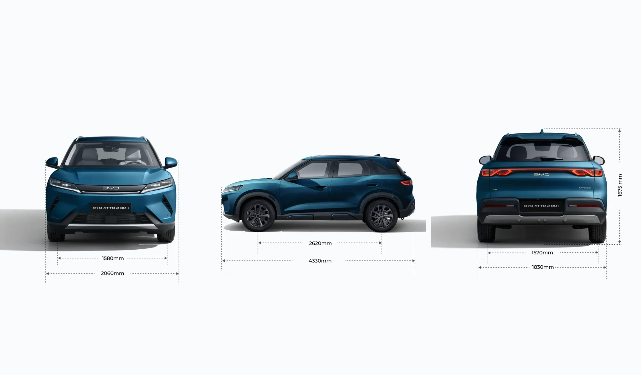 Schemat wymiarów hybrydowego SUV-a BYD ATTO 2 DM-i: długość 4330 mm, szerokość 1830 mm, wysokość 1675 mm oraz rozstaw osi 2620 mm.