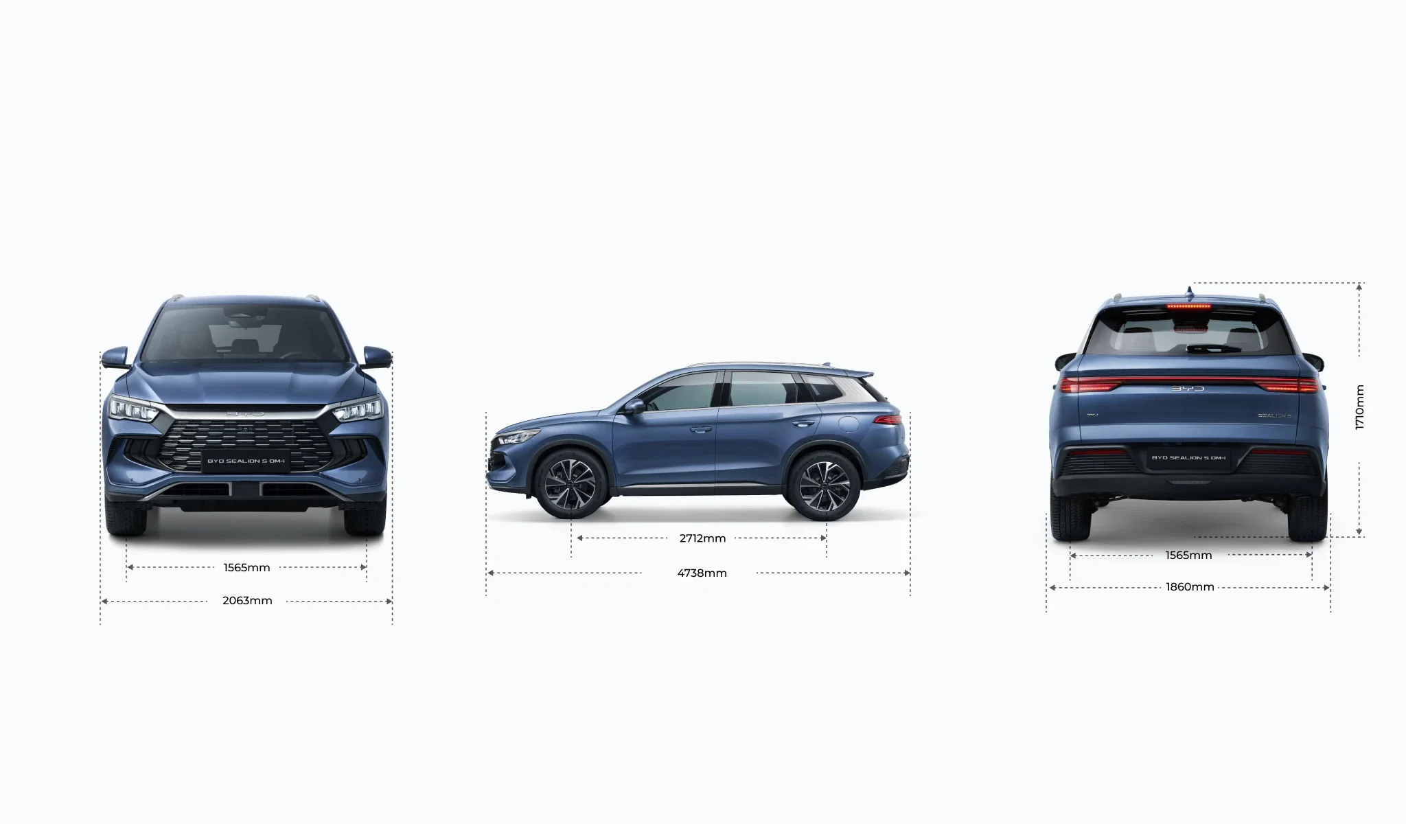 Schemat graficzny na białym tle przedstawiający sylwetkę niebieskiego hybrydowego SUV-a BYD Sealion 5 DM-i z trzech stron – przodu, boku i tyłu – wraz z czytelnymi wymiarami nadwozia w milimetrach.